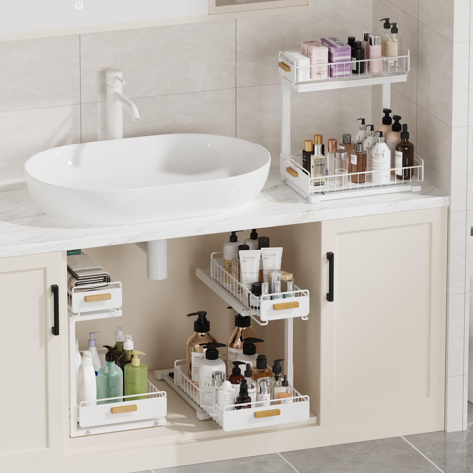Organizer für die Küche unter der Spüle, verbesserte professionelle Schienen, 2 Etagen, 2 Ebenen, ausziehbarer Schrank, höhenverstellbar, Stauraum unter der Spüle, Metallschublade für Küche und Bad