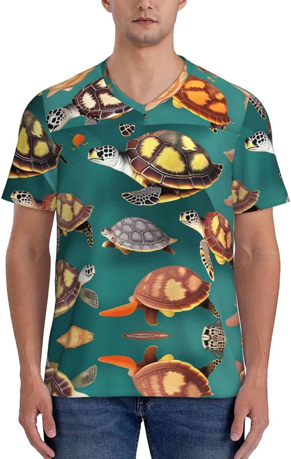 Many Animals Sea Turtles Rugby Football Jersey for Men, Comfortable V-Neck Loose Fit Top for Team Sports Athletics