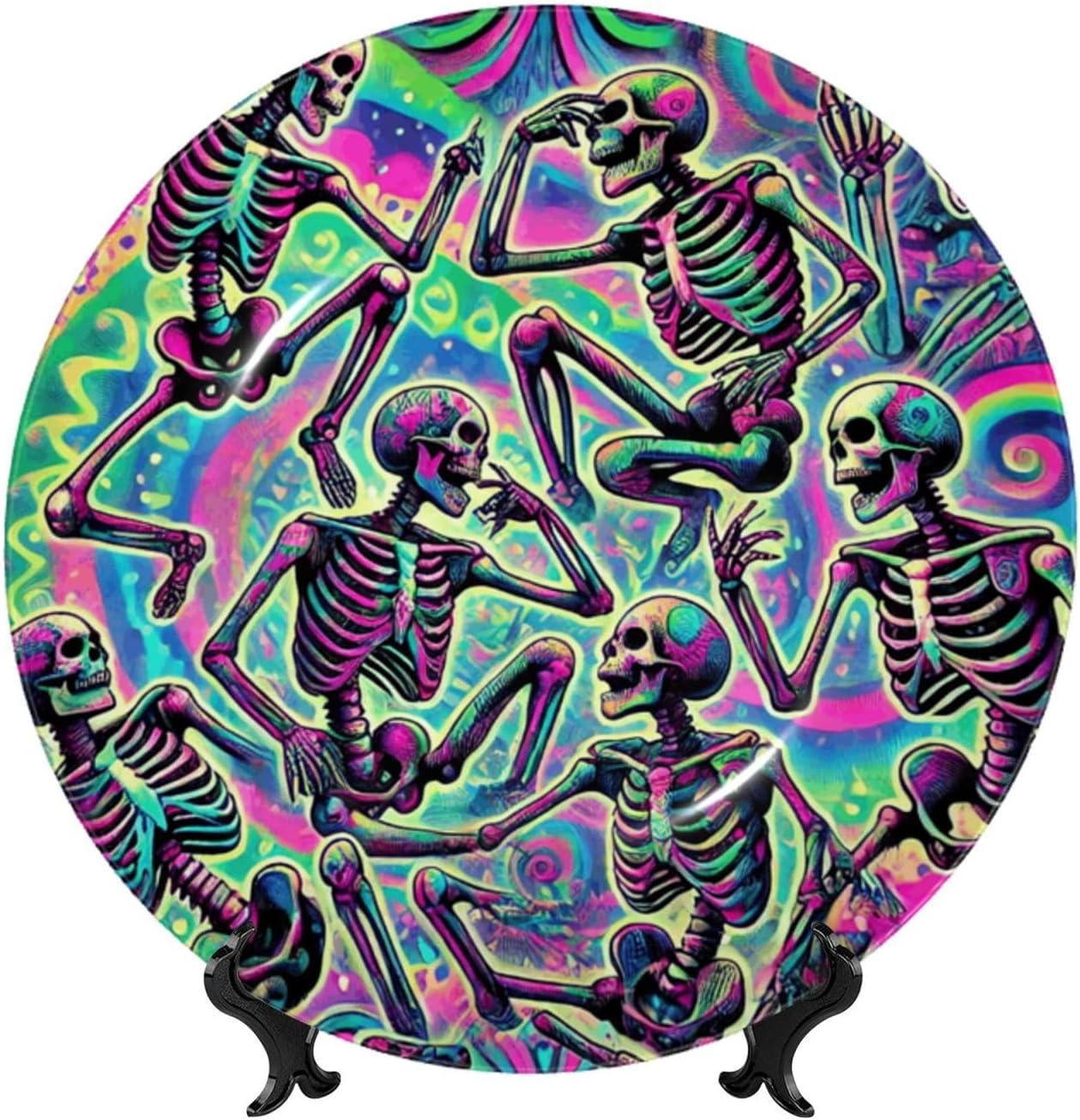 Psychedelic-Halloween-Skeletons 10 Inch Decorative Plate With Stand, Elegant Display Wall Plate For Home Decor