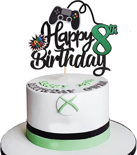 1 pieza de decoración de pastel de feliz cumpleaños 8 con purpurina para videojuegos, juego de selección de pasteles en controladores, 8 saludos a 8 1 pieza de decoración de pastel de feliz cumpleaños 8 con purpurina para videojuegos, juego de selección de pasteles en controladores, 8 saludos a 8