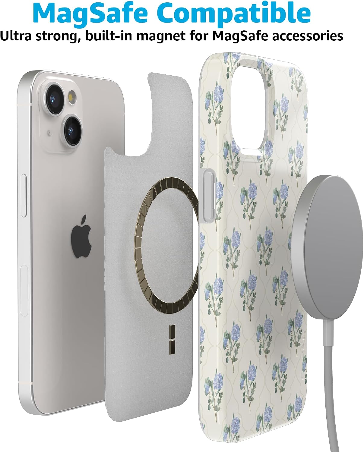Casely iPhone 15 Case | Vintage Garden | Blue Hydrangea | Compatible with MagSafe | Classic Ultra Slim Design