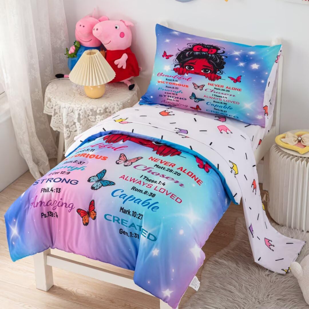 4 Piece Toddler Bedding Set for Girls,Toddler Black Girl Magic Comforter Set,Black Princess Toddler Bed Comforter Set Includes Comforter, Flat Sheet,Fitted Sheet,Pillowcase