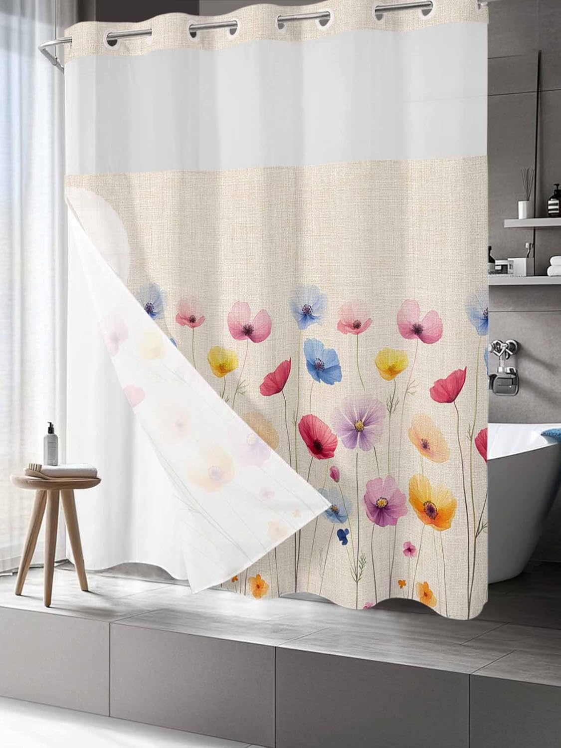 No Hook Shower Curtain with Snap in Liner Set Colorful Floral Shower Curtains for Bathroom Decor Spring Seasonal Botanical Wildflowers Waterproof Bath Curtain with See Through Top Window 72x72 Inch