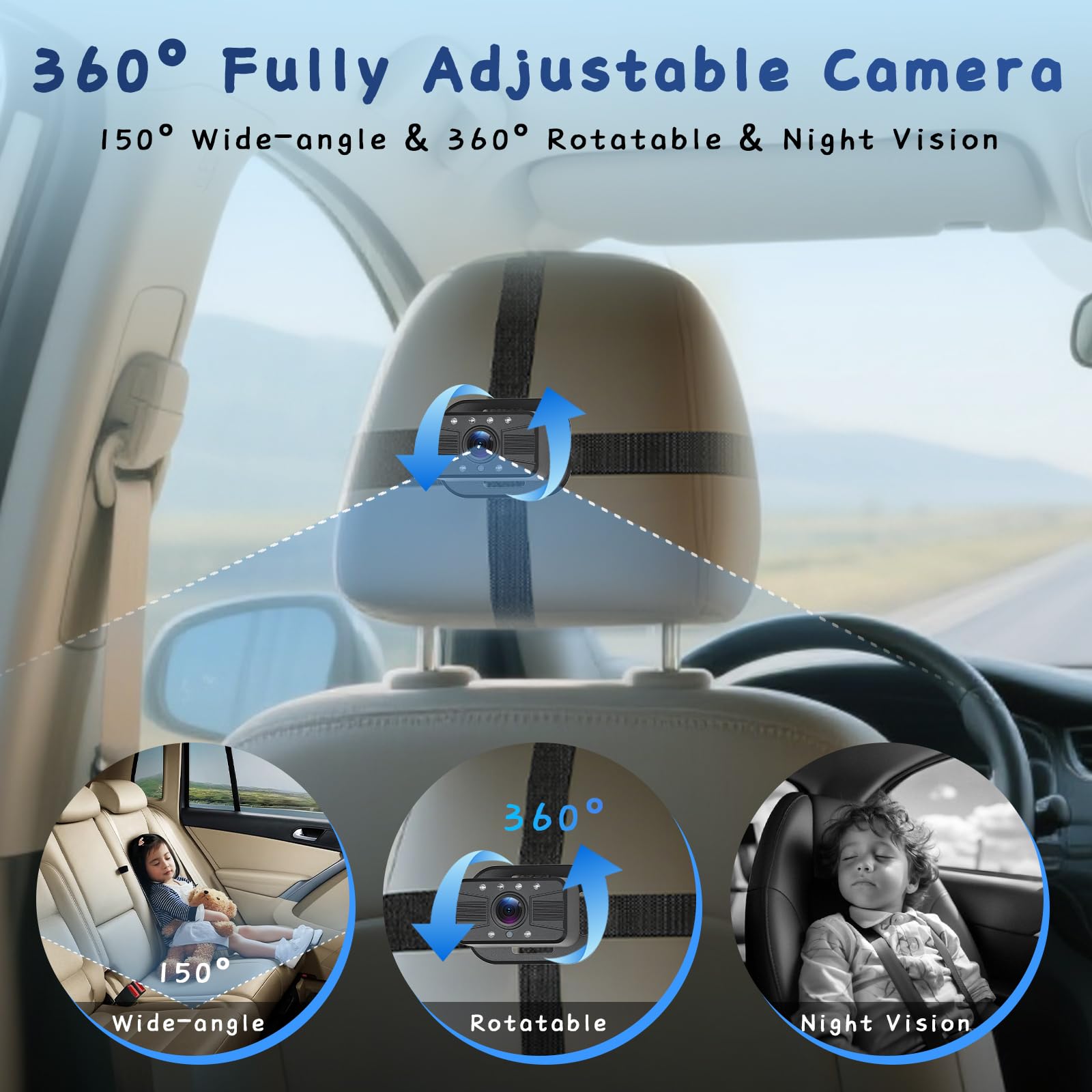 Hodozzy Miroir Caméra Voiture Bébé Moniteur avec écran HD Divisé de 6,86 Pouces, Vision Nocturne Retroviseur Caméra à Angle Réglable pour Siège Arrière, Miroir Voiture Bébé/Enfants avec Caméra Recul