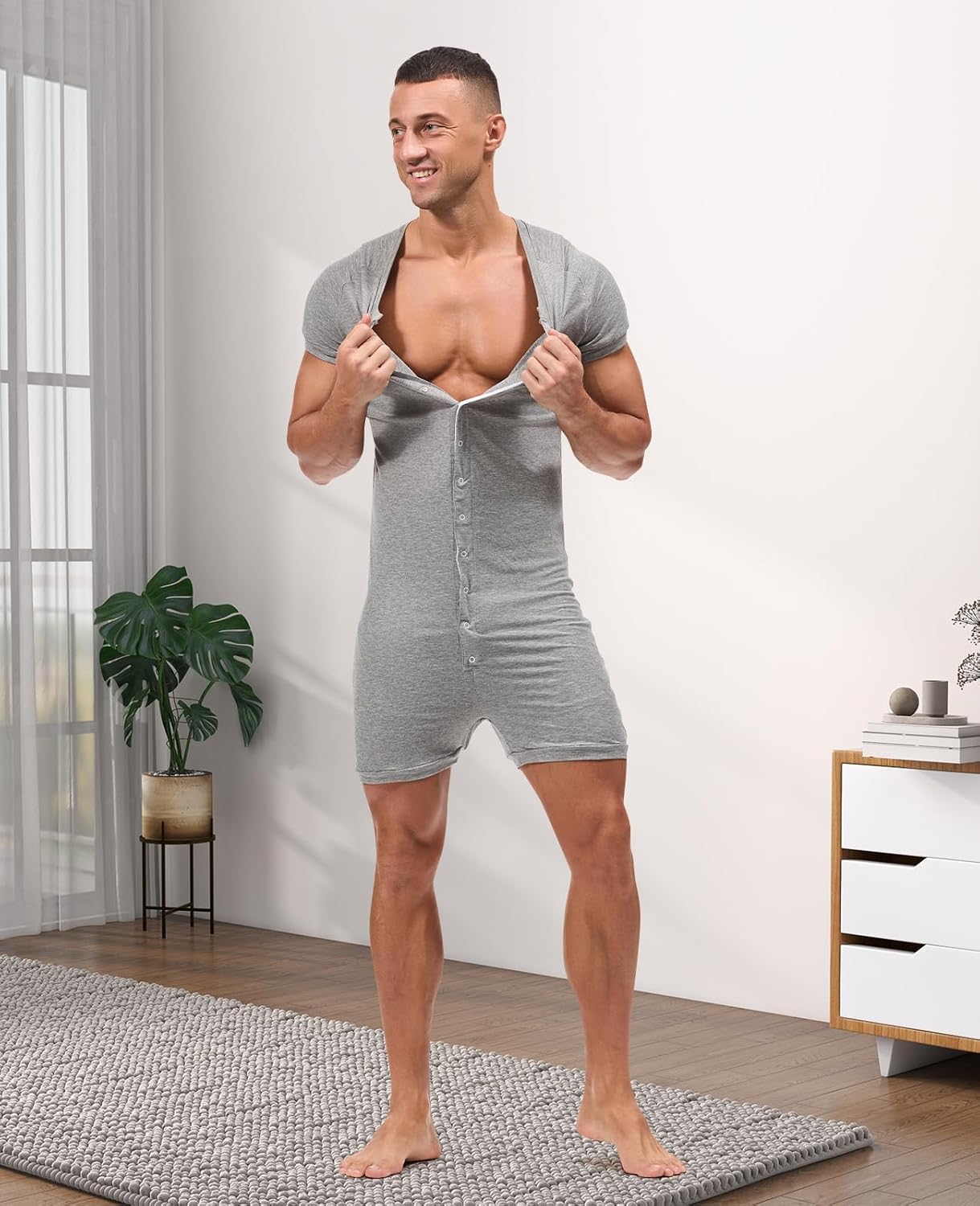 HEAVYWOOD Mens Romper Short Sleeve Onesie Jumpsuit Pajamas Henley Stretchy Silk One Piece Garment Sleepwear - Image 3