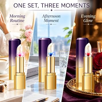 PH Adjusting Colour Changing Lipstick, Flower Jelly Lipstick Set, Non-Sticky Hydrating Lip Makeup,Temperature Sensitive Lip Balm with Gold Foil, Long Lasting Moisturizing Lip Gloss for All Skin Tones