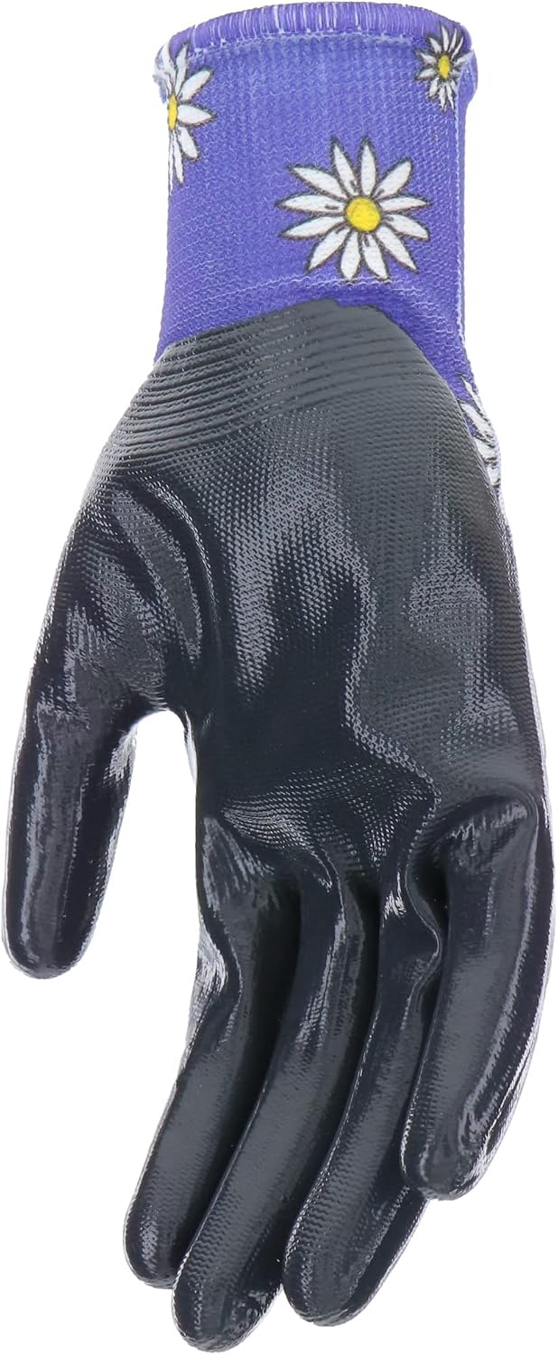 Mud Grip Women's Daisy Printed Polyester Shell and Flat Nitrile Coated Palm Gardening Gloves,