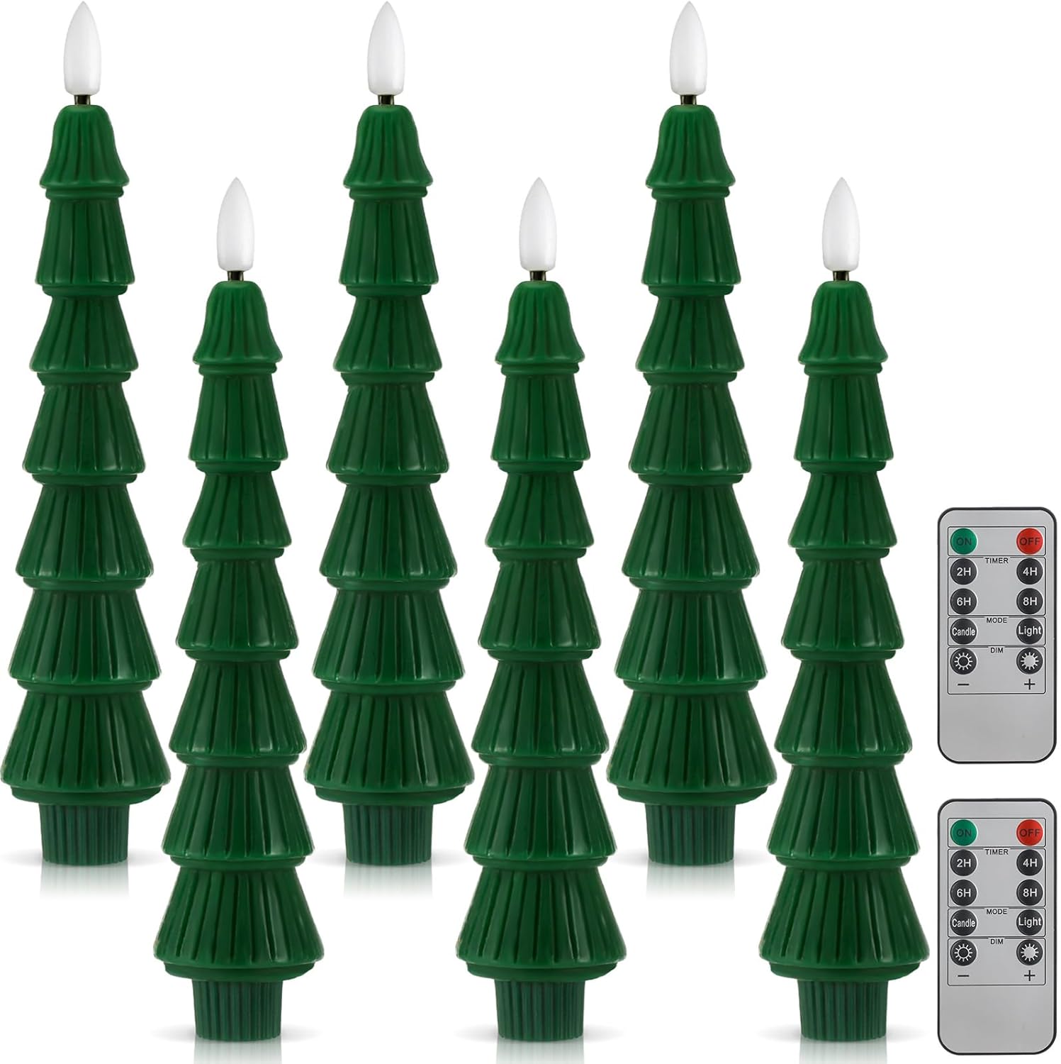 Funtery 6 Pcs LED Christmas Tree Flameless Taper Candles, 9.7 Inch Real Wax Battery Operated Candlestick Lights with 3D Flame and Remote Timer for Windows Fireplace(Green,Tower Christmas Tree)
