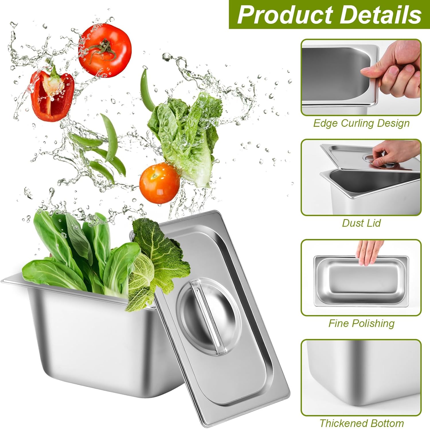 8 Pack 1/3 Size Hotel Pans with Lids, 6 Inch Deep 1.2mm Thick, Commercial Stainless Steel Chafing Steam Table Pan, Catering Storage Metal Food Pan