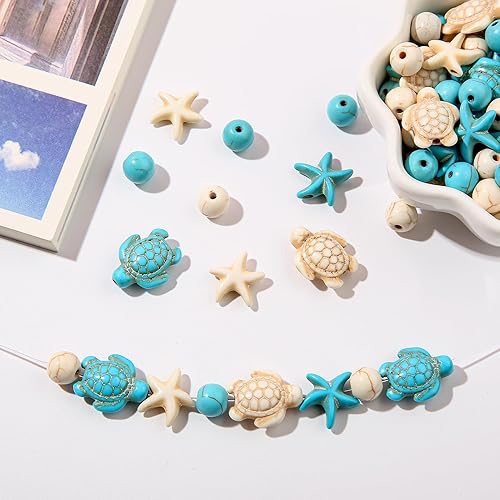 Miniatura 4 de 210 cuentas de turquesa con cuentas de tortuga marina floral, cuentas de tortuga blanca, cuentas sintéticas de estrellas de mar turquesa para