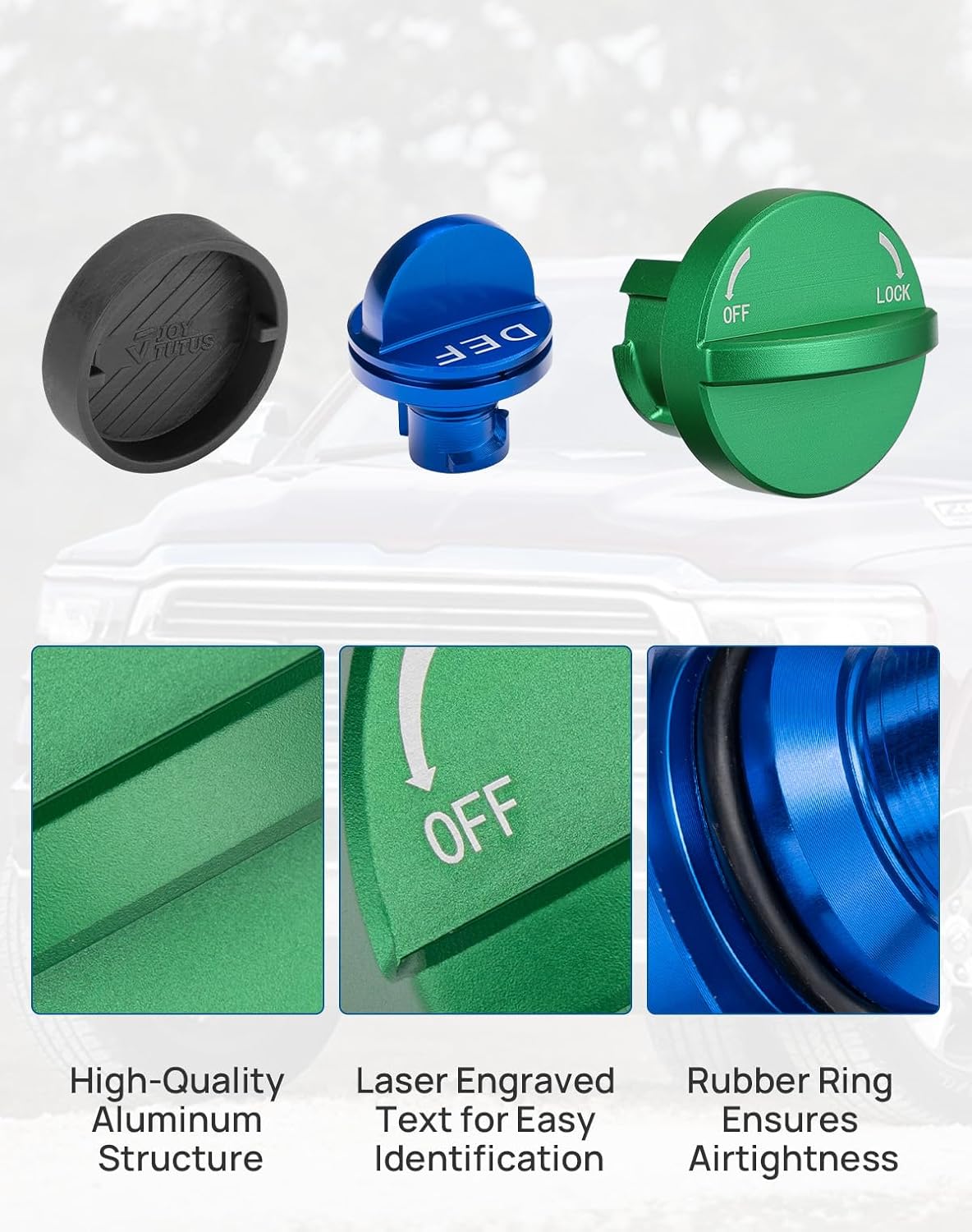 JOYTUTUS DIESEL Gas Cap & Gas Cap Holder & DEF Cap Compatible with 2019 2020 2021 2022 2023 2024 Ram, Aluminum Diesel Fuel Tank Cap & DEF Cap, Plastic Fuel Tank Cap Holder Hook, NOT for 2019 Ram 3500