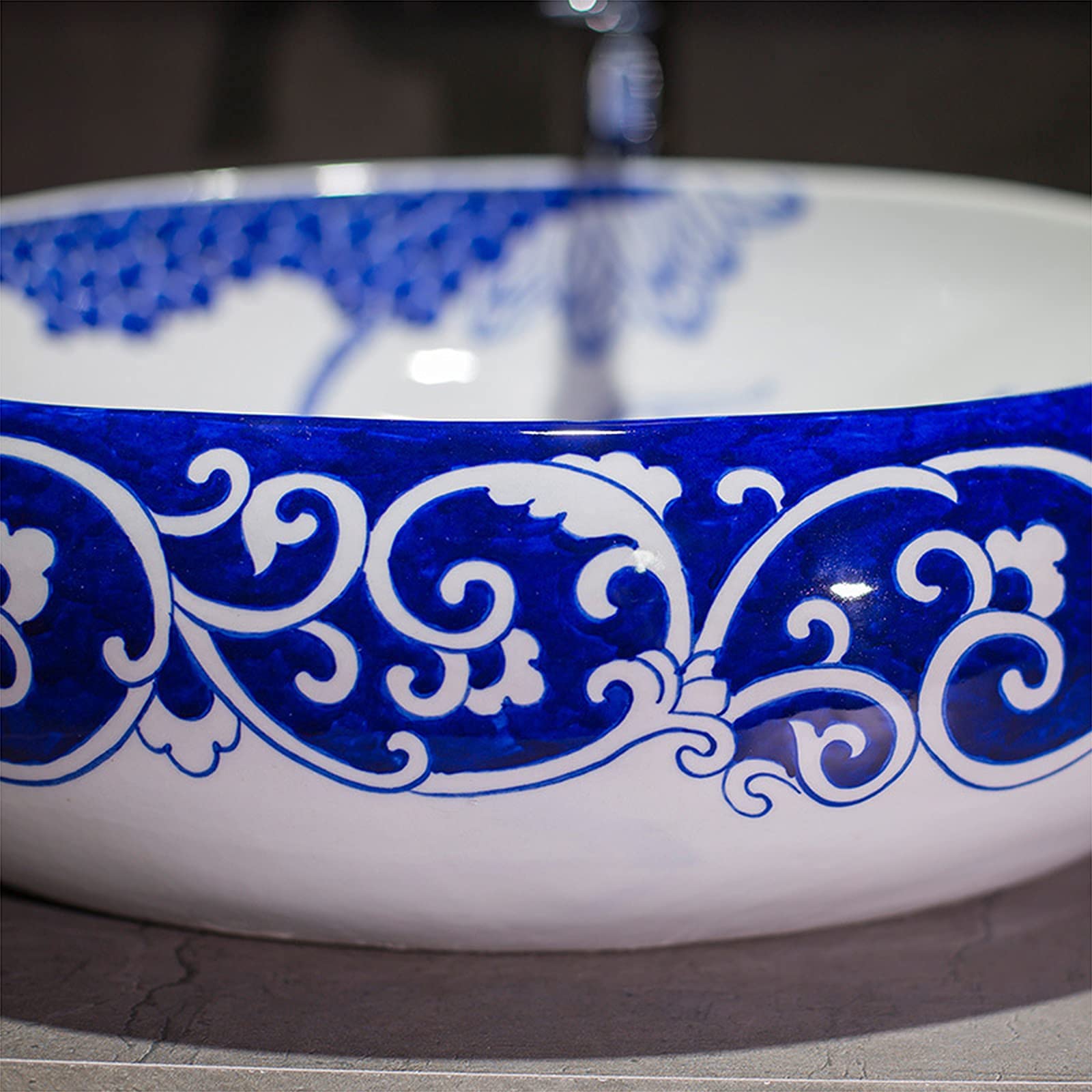 Umywalka nablatowa, umywalka ceramiczna, ręcznie malowana, okrągła umywalka nablatowa, nowoczesna miska łazienkowa nadblatowa, do przebudowy wanny, 50x41x15cm