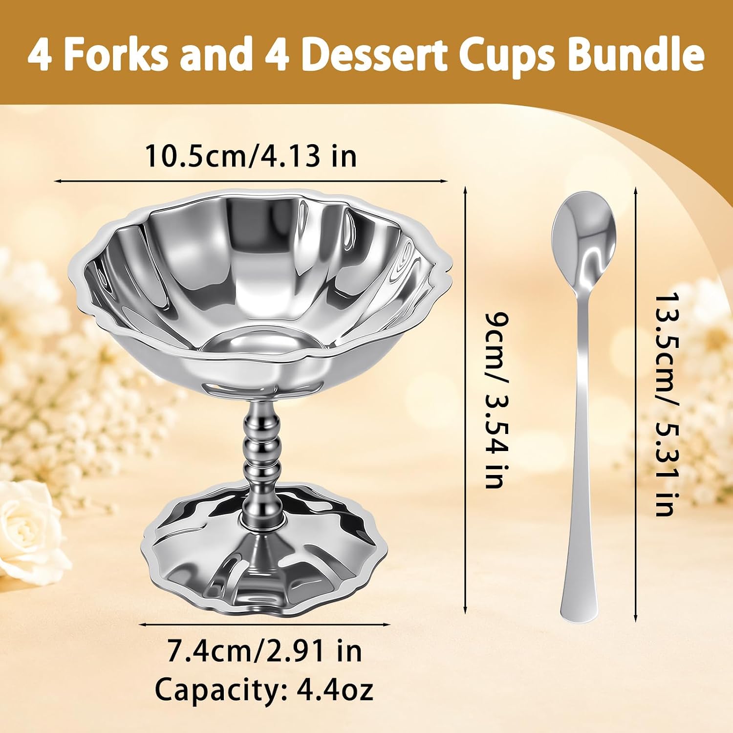 Ice Cream Cups Set of 4 with Spoons, 4.4 oz Stainless Steel Dessert Bowls, Vintage Footed Sundae Cups for Yogurt, Pudding, Fruit & Snacks for Home, Parties & Weddings