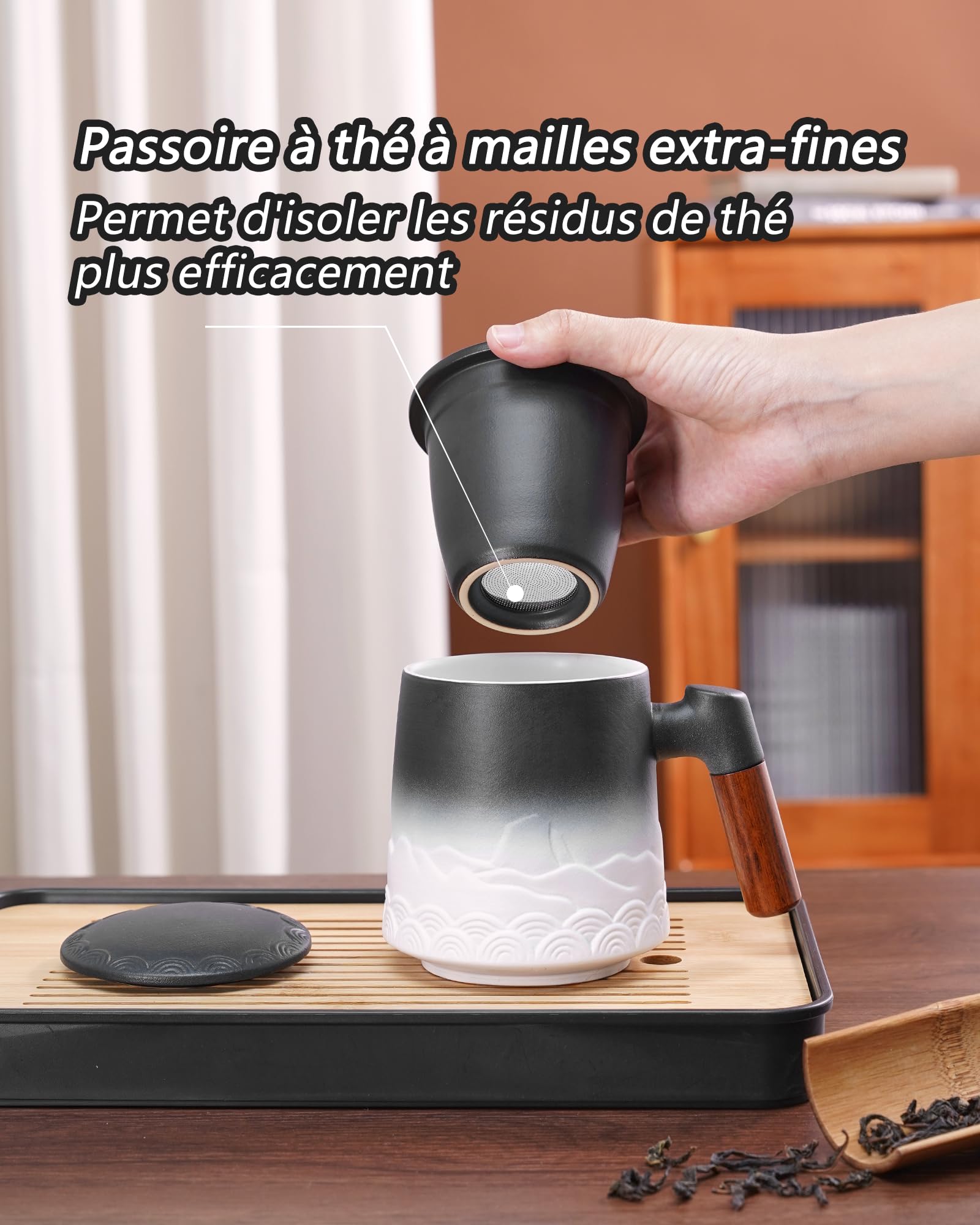 ZENS Taza de té con infusor y tapa, 500 ml - Taza de cerámica con relieve para té de hojas, mango de madera - Taza con filtro para amantes del té, blanco y negro