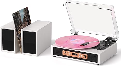 Reproductor de discos de vinilo Bluetooth con altavoces estéreo externos, tocadiscos de transmisión por correa de 3 velocidades, reproducción y