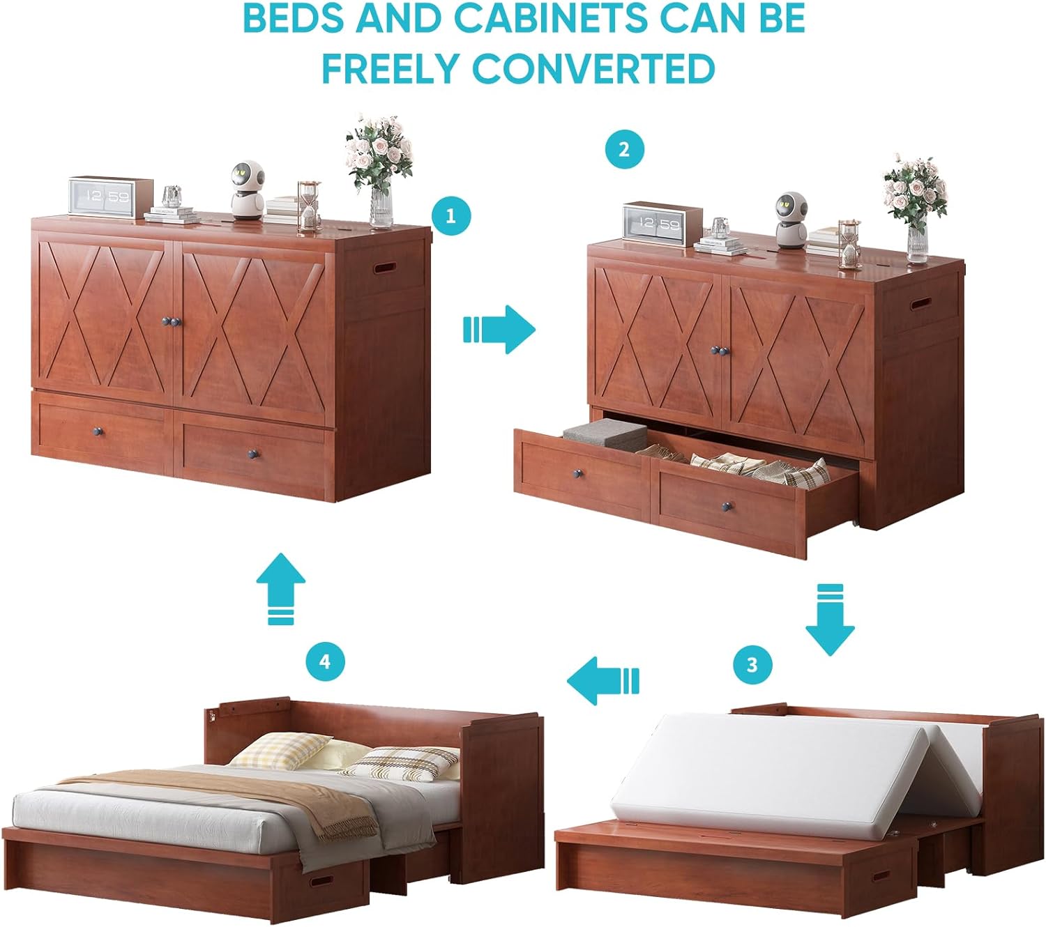 CECER Queen Size Murphy Bed with Tri-Folding Mattress，Murphy Bed with Charging Station and Two Large Storage Drawers for Small Spaces/Bedroom（Maroon）-Mattress Include