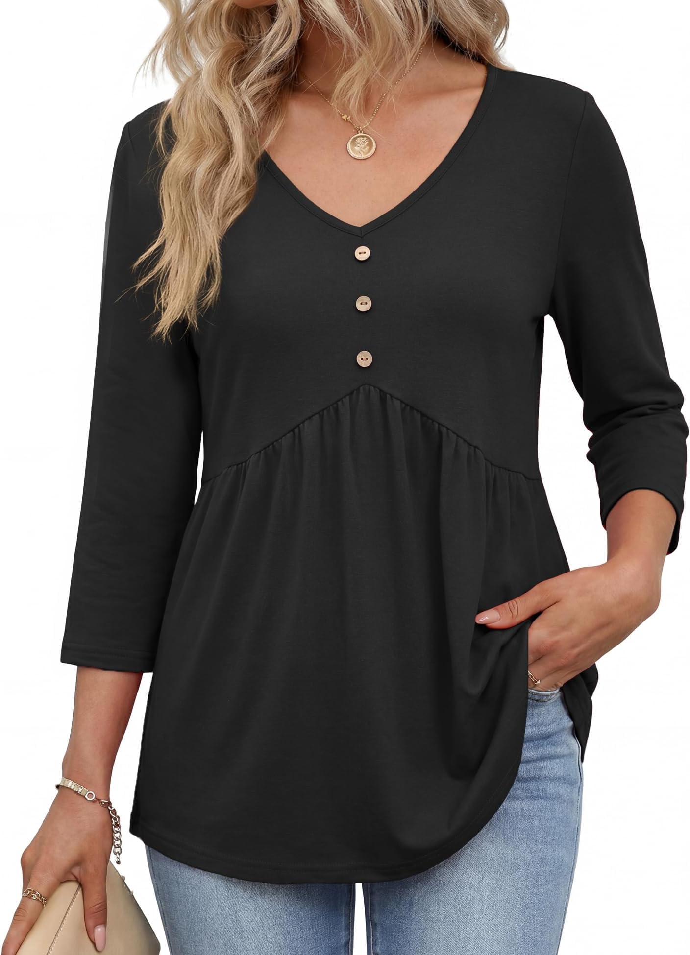 3/4 Sleeve Babydoll Tops for Women Ladies Tunics and Blouses Dressy Casual Spring Fashion Clothing