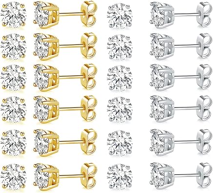 MDFUN Hypoallergenic CZ Stud Earrings Set for Women/Men,6 Pairs 18K Gold Plated Round 3-8mm Clear Cubic Zirconia Earring Pack Jewelry Gift