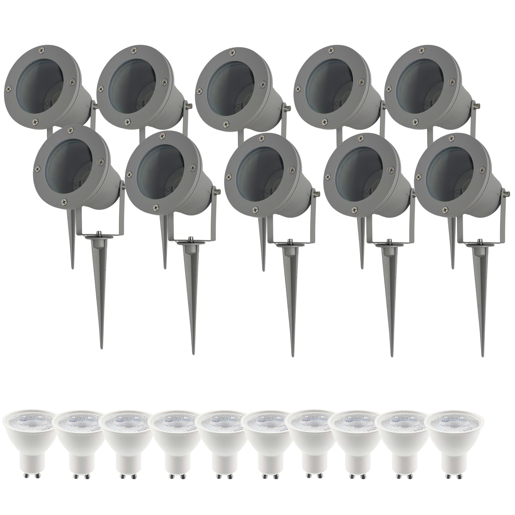 B2C GU10 Outdoor Garden Spike Light IP65 Waterproof Landscape Spotlight Adjustable Ground Light, Max 35W Bulb Included (10, Grey, Warm White - 3000K)