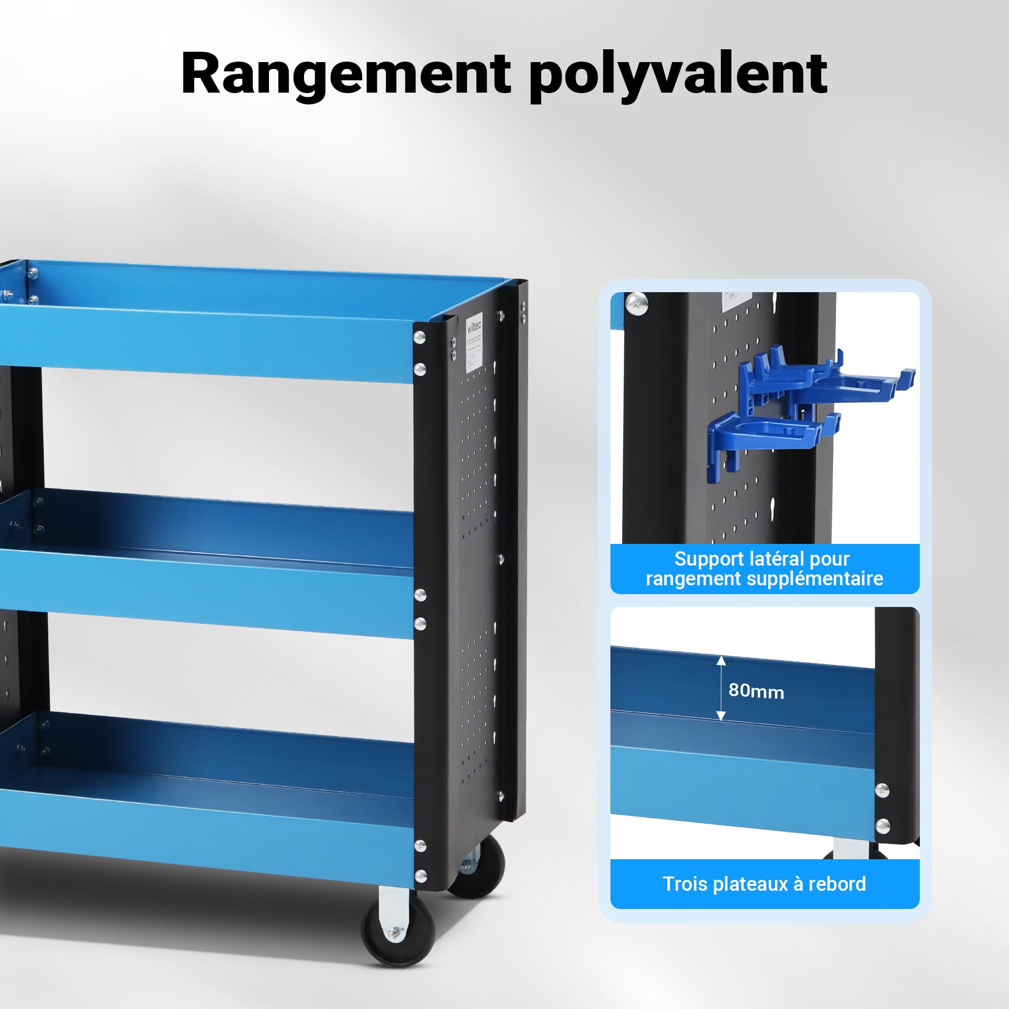Servante d‘Atelier 3 Niveaux Poignée Roues Plastique Frein Étagère Rangement Bord surélevé Chariot