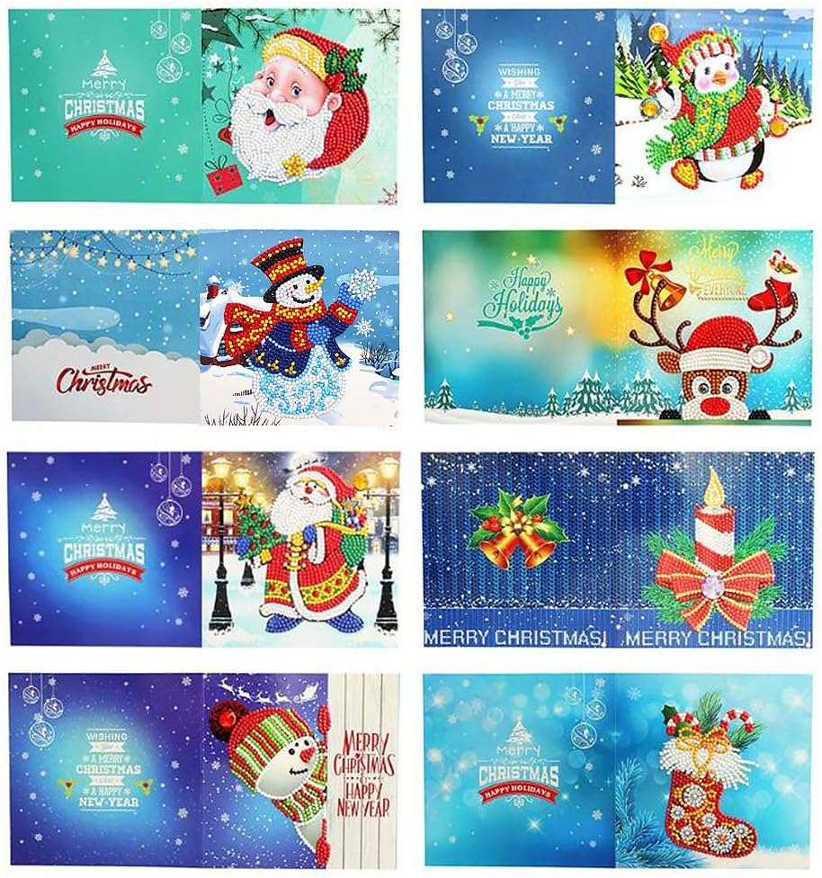 8 Pack Christmas Cards 5D Diamond Painting Greeting Special Shaped Drills Holiday Card for Xmas Snowman Santa Claus Cards Festival Birthday New Year Gift