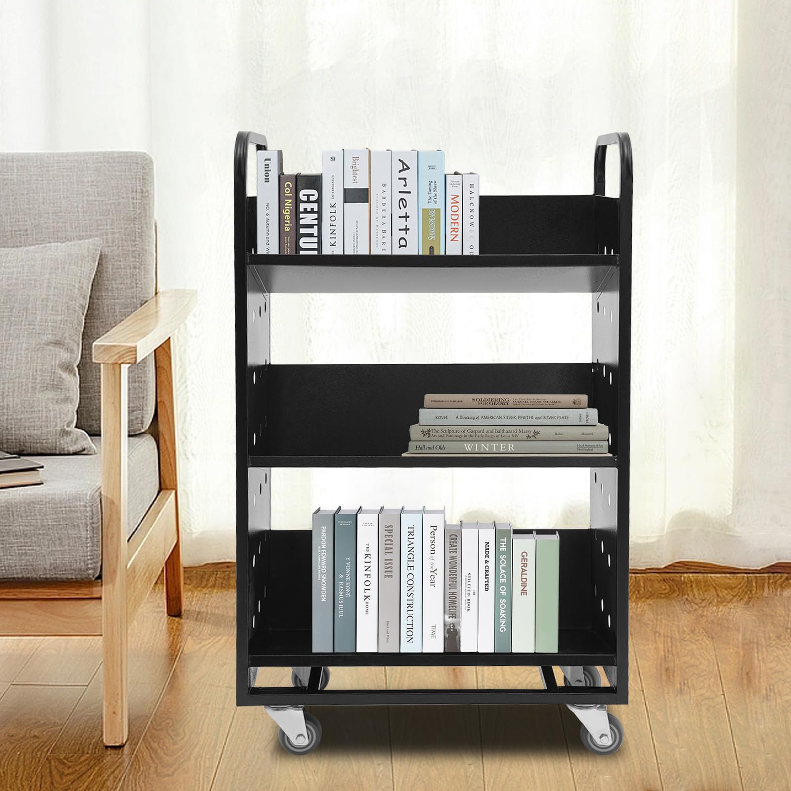 Carrello portaoggetti a tre piani, dimensioni 80 x 36 x 100 cm, nero, con ruote girevoli e maniglia, adatto per librerie, biblioteche, uffici e spazi abitativi