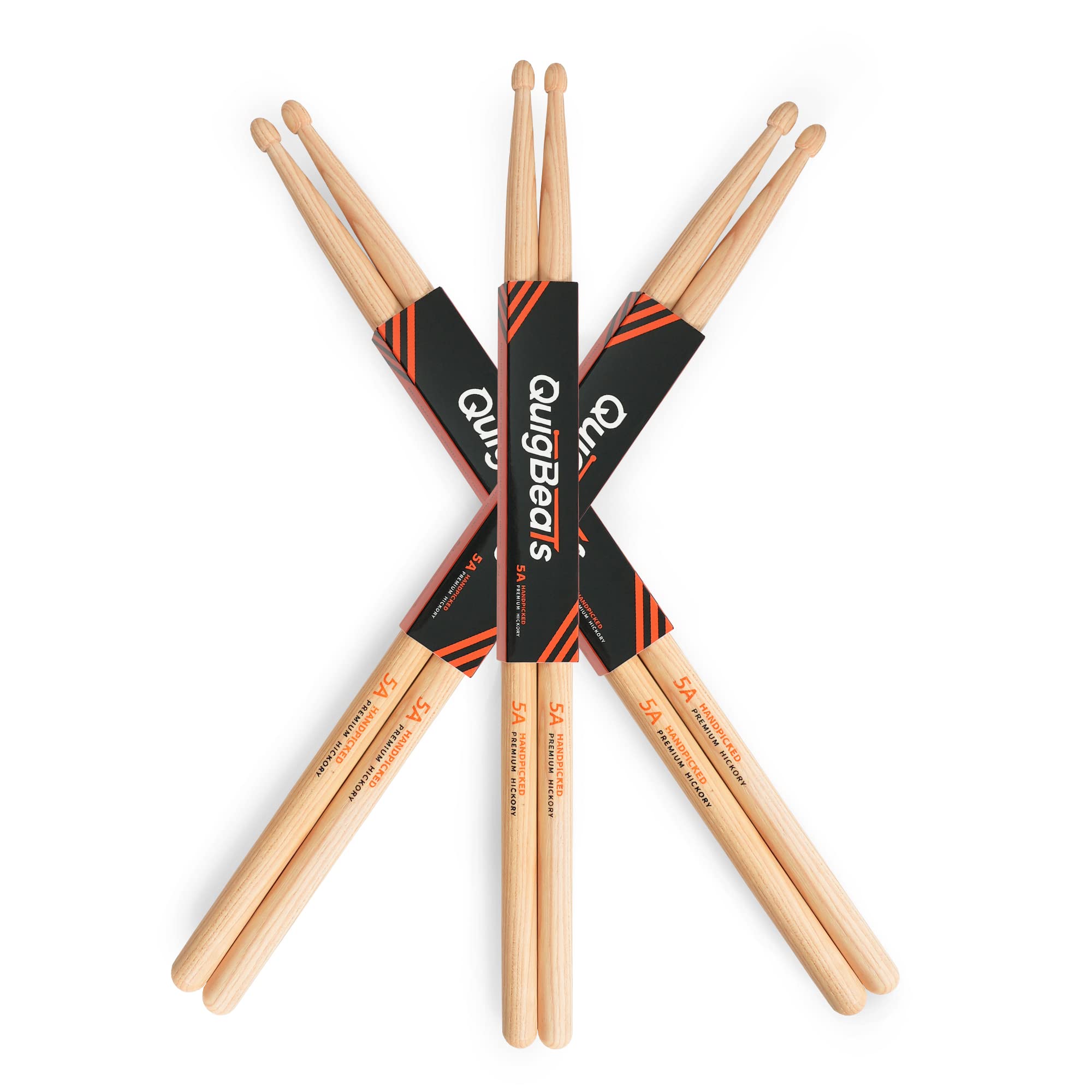 QuigBeats Drum Sticks, Premium Hickory 5A Drumsticks, Pitch Matched Drumsticks for Adults & Kids 5A 3 Pairs - A