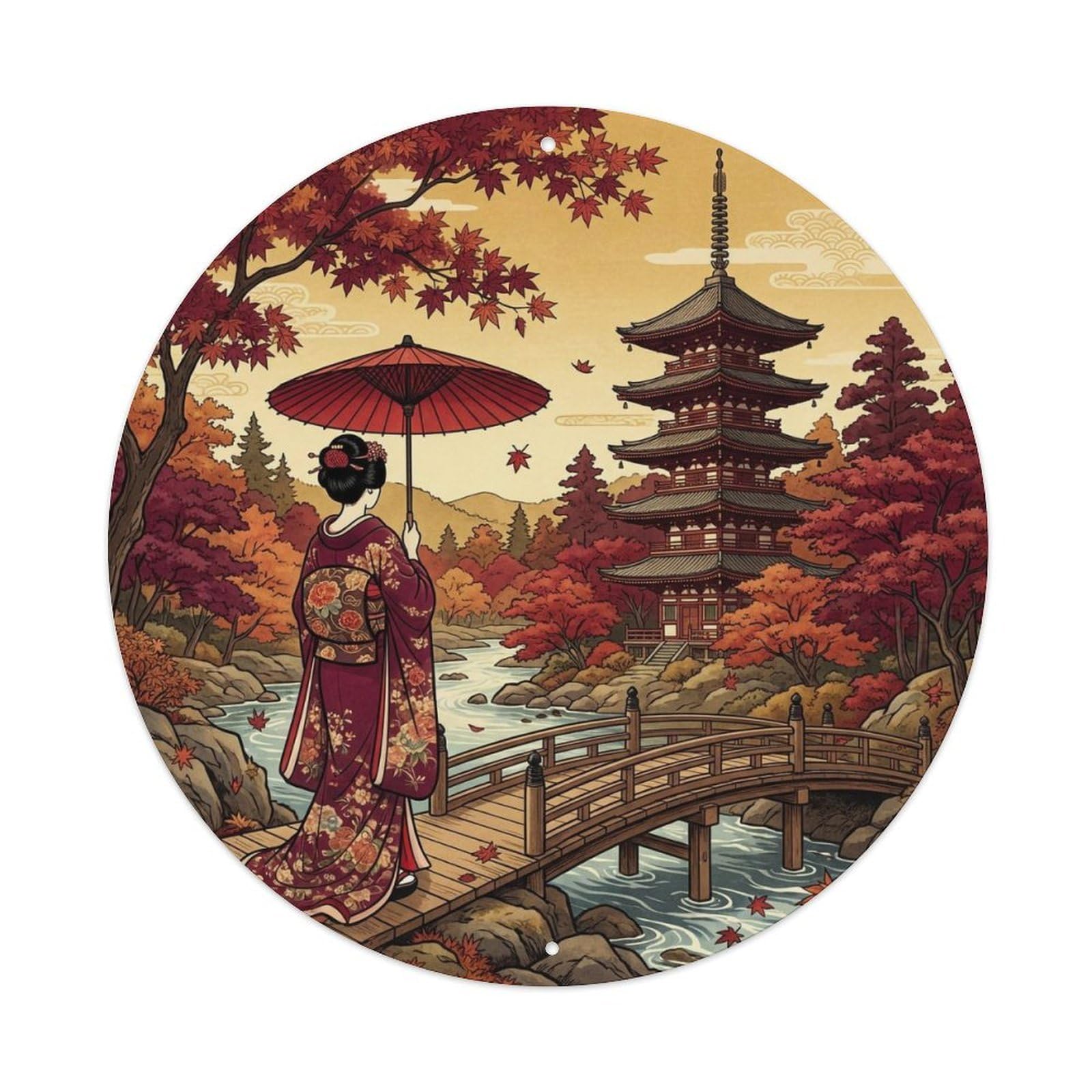Japanese Geisha Autumn Pagoda Maple Picturesque Scene Metal Tin Sign