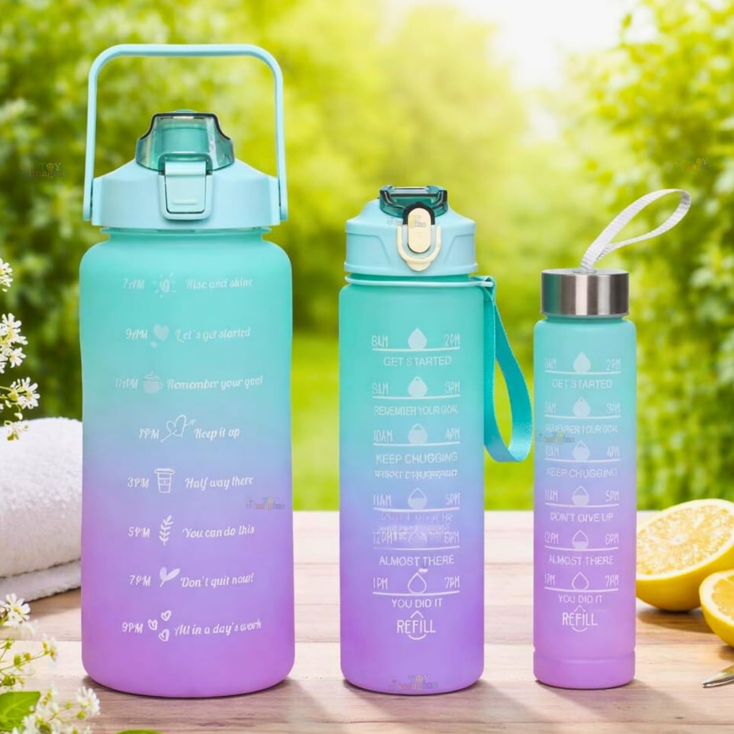 Toy Imagine Plastic Motivational Water Bottle Set of 3 Bottles(2L+900ml+300ml)with Time & Capacity Marker Leakproof BPA-Free Bottles with Straw, Sipper Cap & Sticker for Gym, Office & Daily Hydration