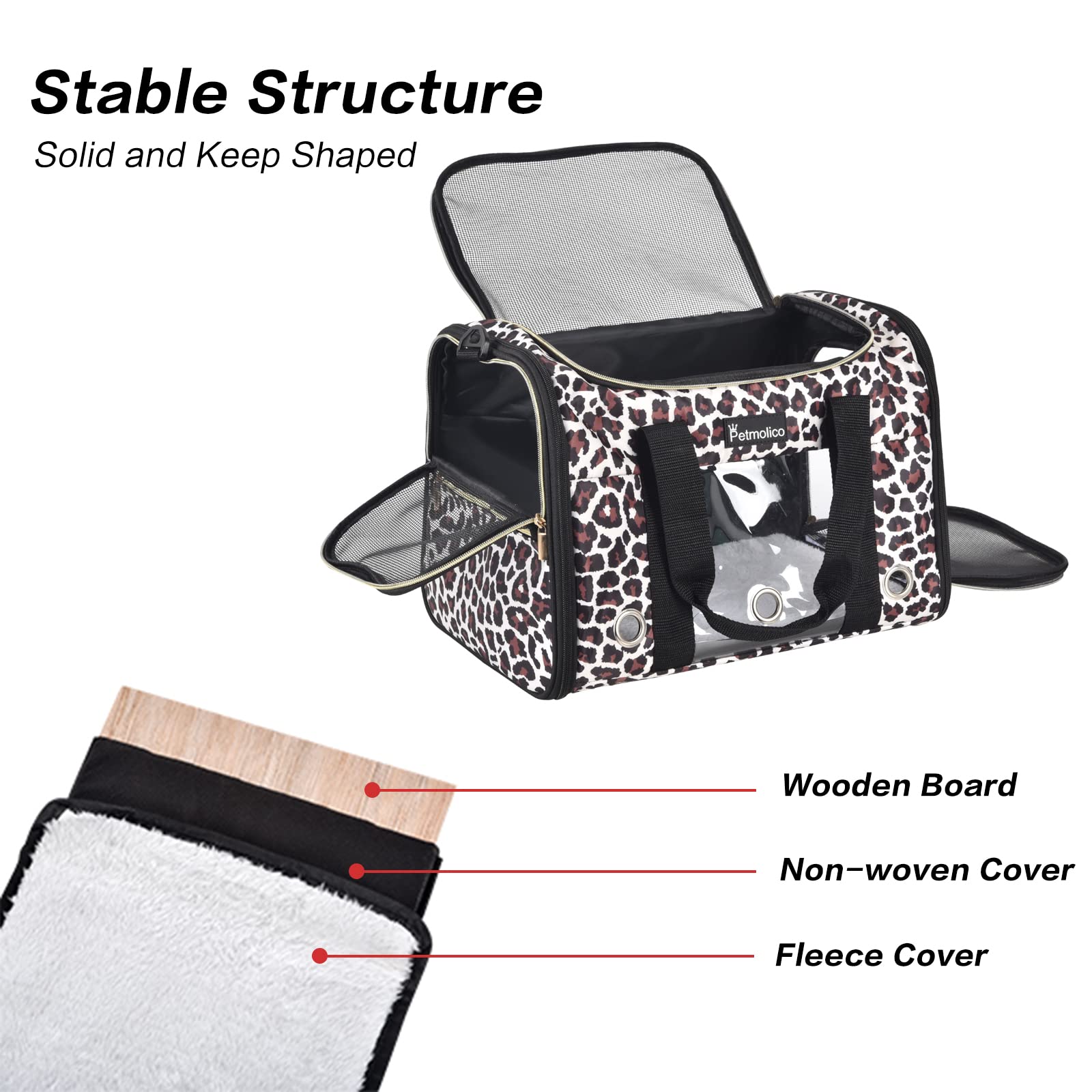 Petmolico Marsupio trasportino per cani, approvato dalla compagnia aerea morbido trasportino da viaggio con 3 porte aperte finestre in rete per gatti cuccioli, 7,3 kg, leopardo