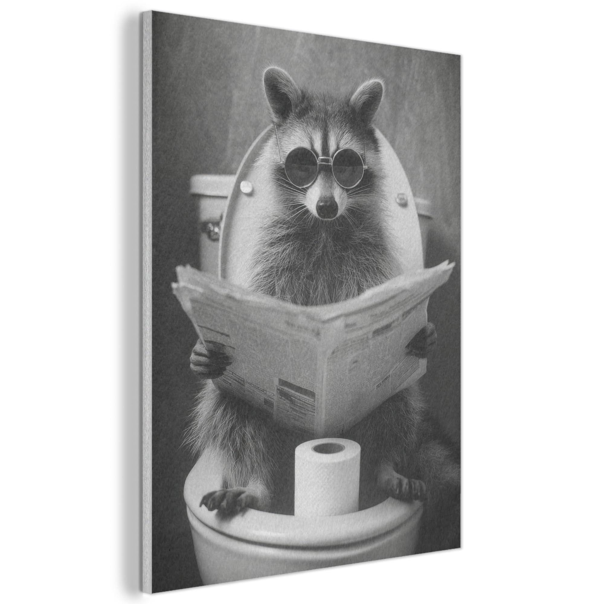 MuchoWow© Felt Panel 70x100 cm Framed Design Print Accent Interior Wallart Decoration Wall Art Newspaper - Raccoon - Toilet - Sunglasses