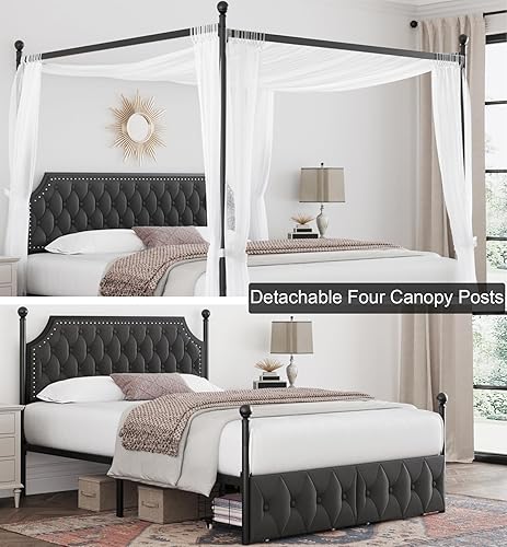 Miniatura 4 de Keyluv Base de cama con dosel tapizado completo con 2 cajones y cabecero copetudo con botones, plataforma de metal con 4 postes extraíbles, cama de