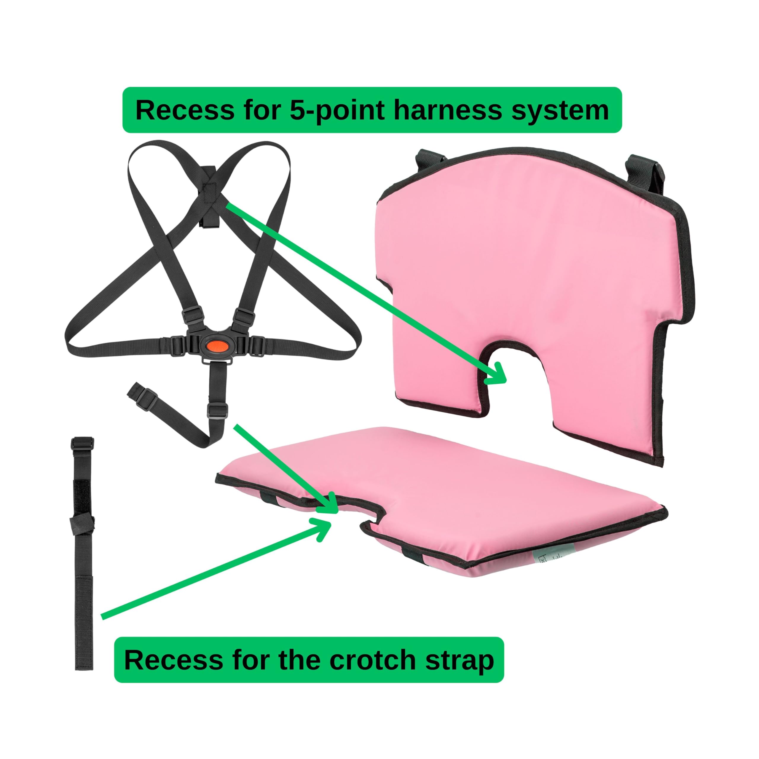 Set di cuscini e imbracature per seggiolone universale, 6 pezzi, cuscino rosa, imbracatura a 5 punti nera, set completo di seggiolone in legno per bambini con cuscino di seduta, imbracatura sicurezza