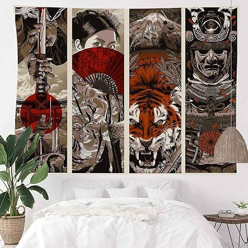 Miniatura 6 de Aidatain Tapiz de pared de estilo japonés  Samurai Maiko Tiger Mount Fuji Aesthetic  60 x 60 franela dormitorio y sala de estar colgante de pared