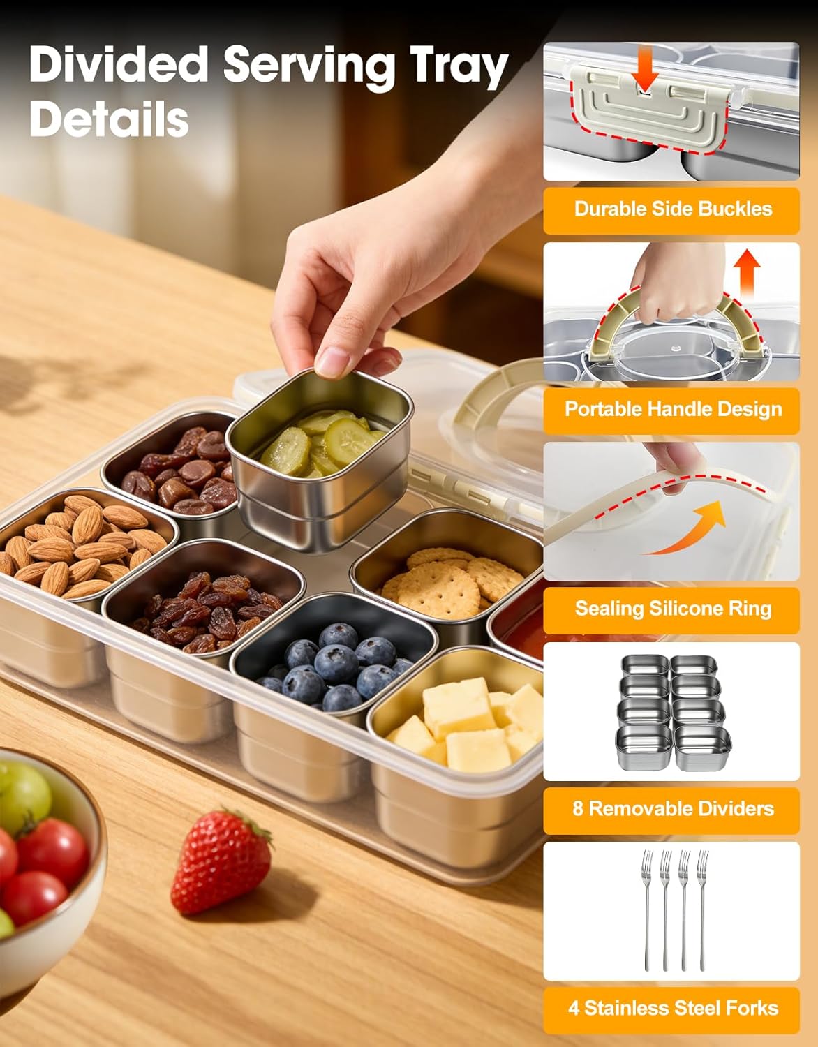 WanshengLe 8 in 1 Stainless Steel Snack Box with Lids and Handle, Dishwasher Safe 8 Compartment Divided Reusable Snacklebox Storage Snackle Box for Snacks Fruit Nuts