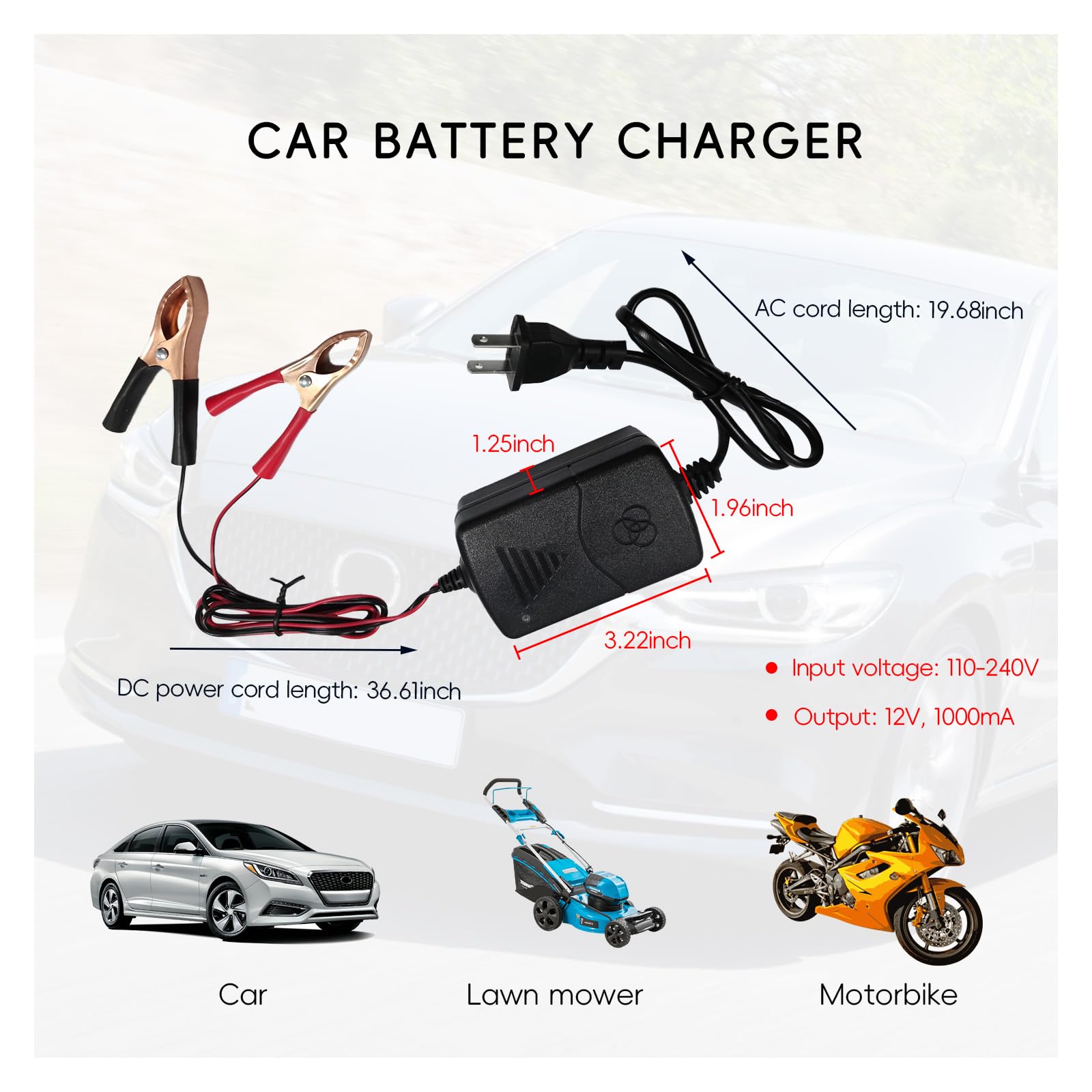 Dickno Car Battery Charger, 12V Multipurpose Lead Acid Automotive Charger with Crocodile Clip and Power Indicator, Smart Vehicle Battery Charger for Car, Motorcycle, Boat and More