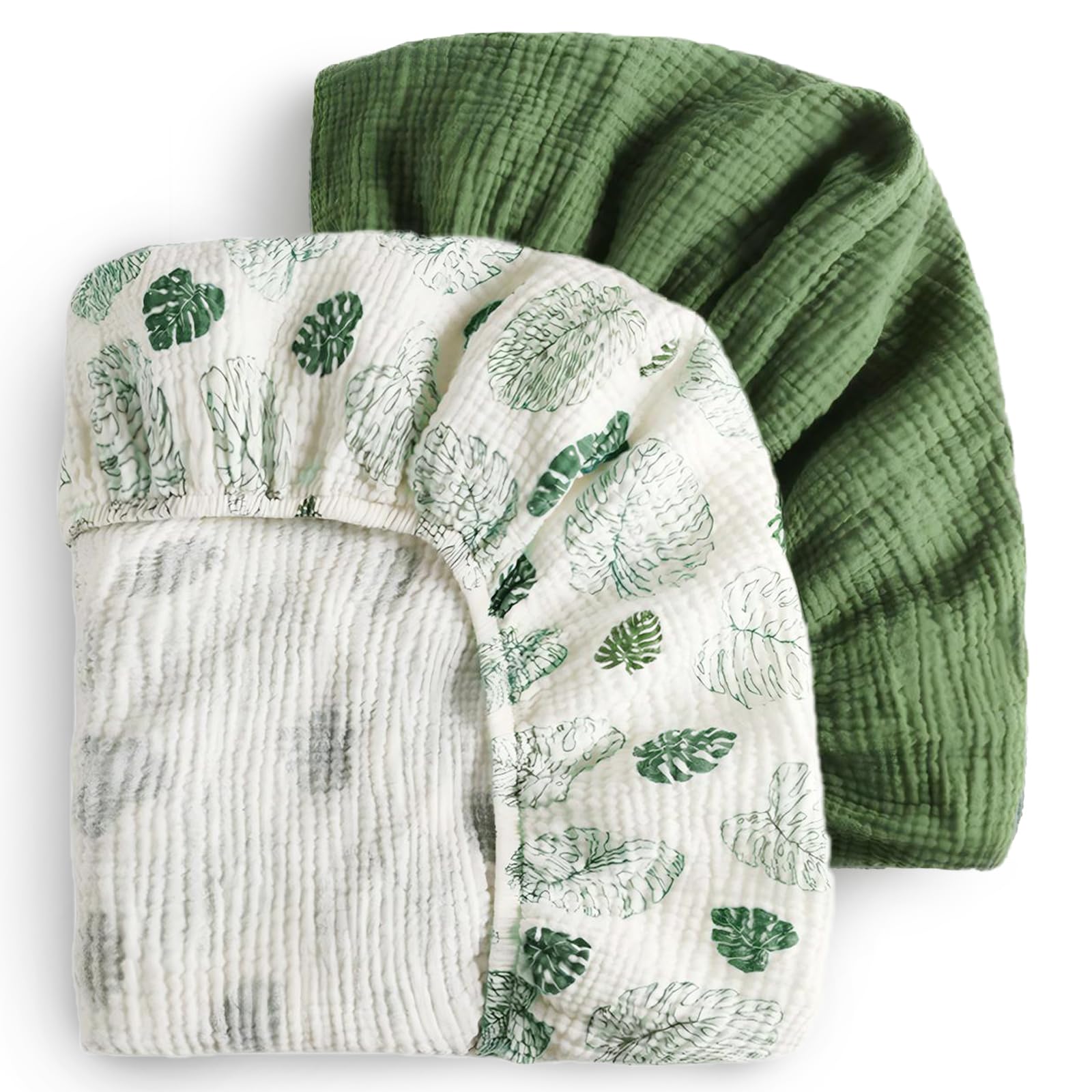 Muslin Crib Sheets for Girl Boy, Boho Neutral Soft Cotton Baby Sheet for 52''x28'' Standard Crib Mattress, 2 Pack(Monstera&Dark Green)