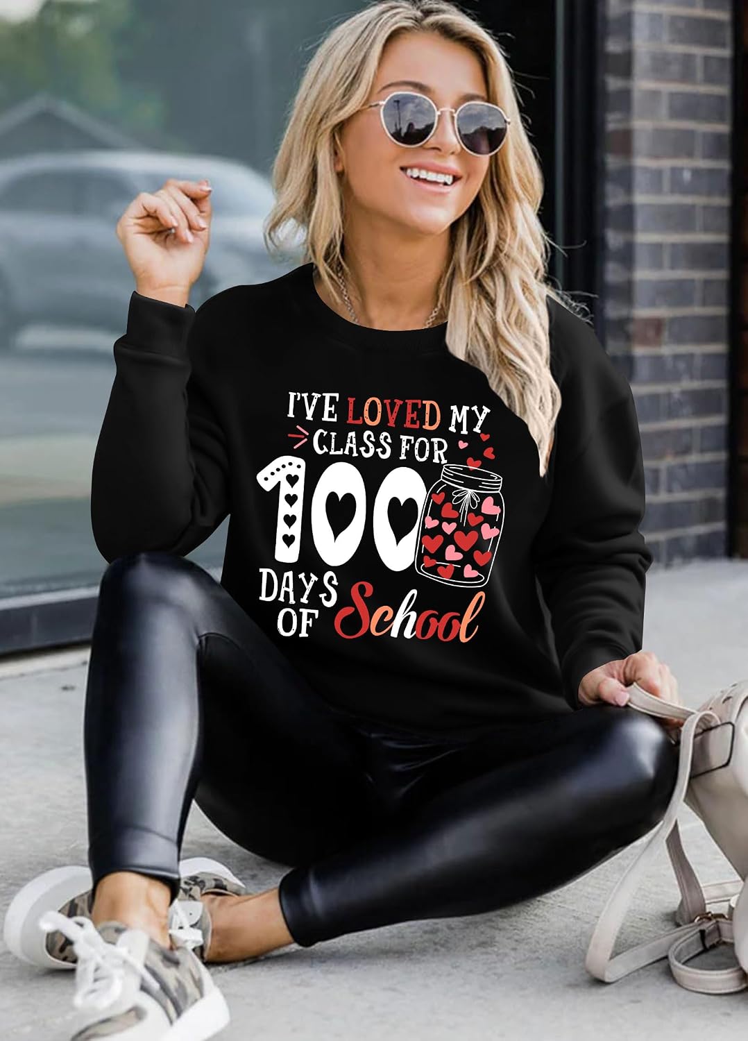Ithalt 100 Days of School Shirt for Women Happy 100 Days of School Sweatshirt Teacher Graphic Long Sleeve Tops