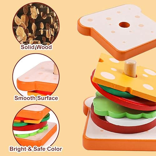 Vista 3 de Montessori Toys for 2, 3 Year Old, Wooden Burger Sandwich Stacking Toys for Toddler Educational Toys Fine Motor Skills Foods Preschool Learning