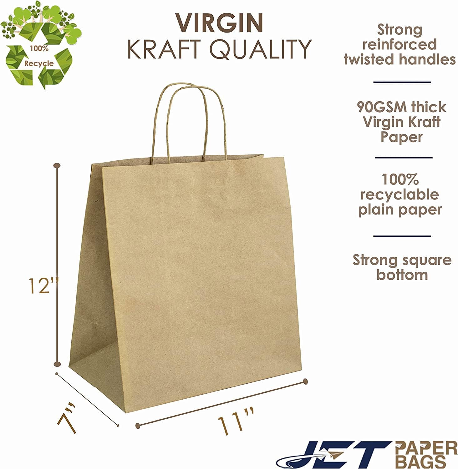 JET PAPER BAGS 11”x7”x12” Virgin Kraft Paper Gift Bags with Twisted Handles Bulk. Ideal for DIY, Business, Takeout, Grocery, Goody, Shopping, Packaging, Retail, Party, Craft, Gifts, Wedding, and Merchandise Recyclable Bags (Brown, 25) : Industrial & Scientific