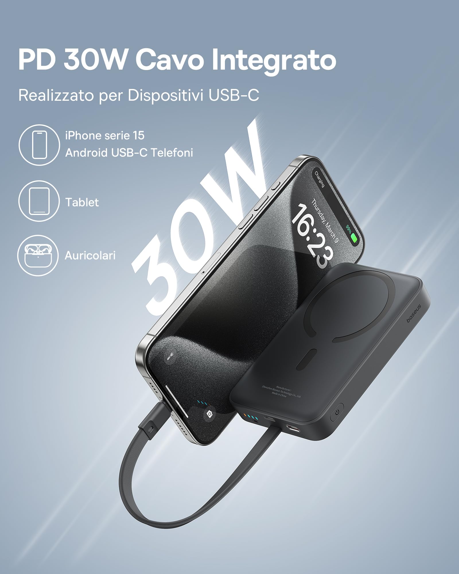Baseus Magsafe Power Bank PD 30W, 10000mAh Powerbank Magnetica con Cavo USB-C Integrato (Carico/Scarico) per iPhone Serie 15/14/13/12, Mini Power Bank, Batteria Esterna Piccola ma Potente, Nero