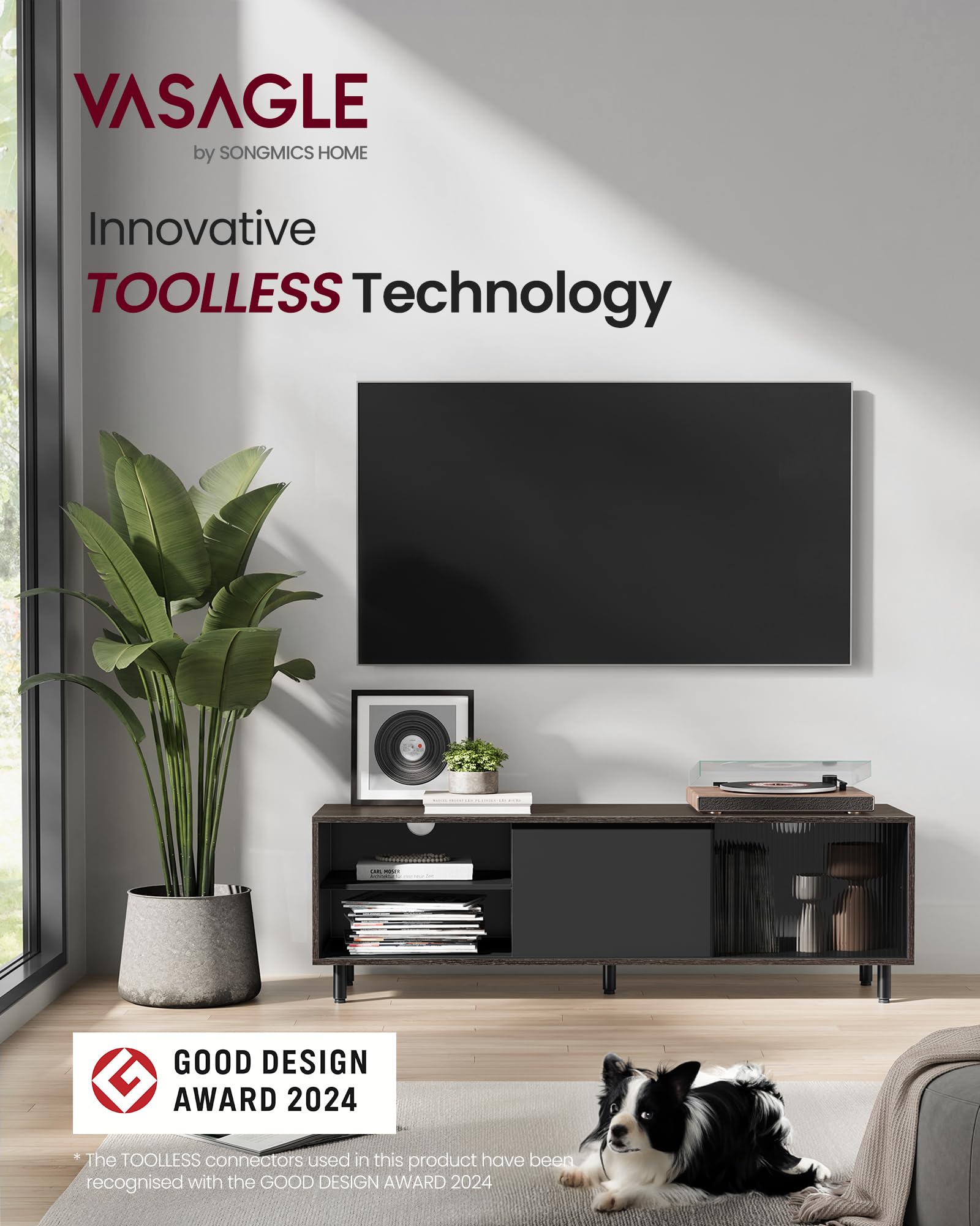 VASAGLE Montage Rapide sans Outils, Meuble TV pour TV Jusqu'à 60 Pouces, Meuble TV pour Salon, Banc TV, Verre Cannelé, Moderne, 140 x 39 x 45 cm, Noir Boisé et Gris Béton