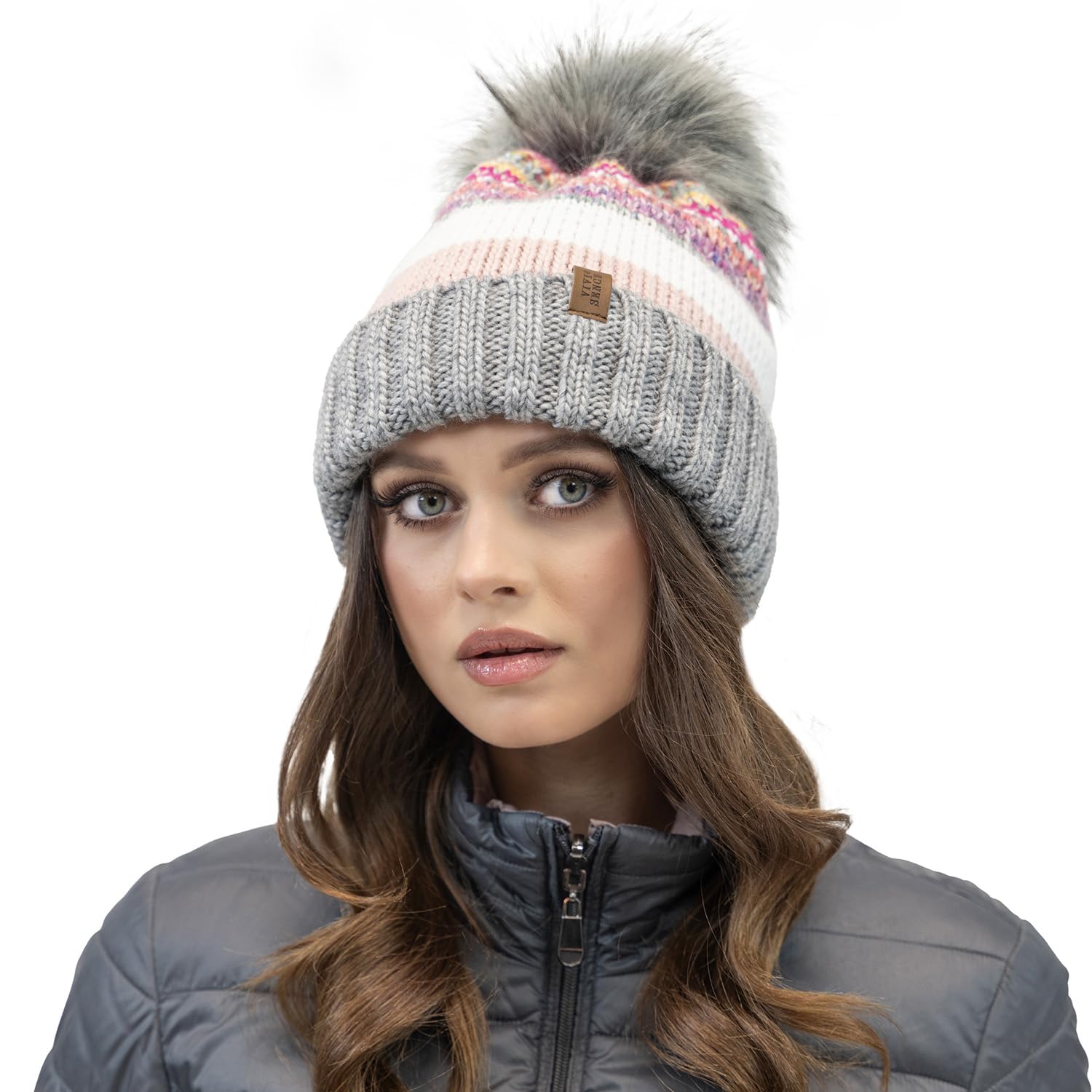 Vivisence Colourful Winter Women's Hat with Large Pom-Pom Made of Warm Yarn with Wool Soft Antistatic Fleece Lining Ideal for Cold Winter Days, Grey,UNI