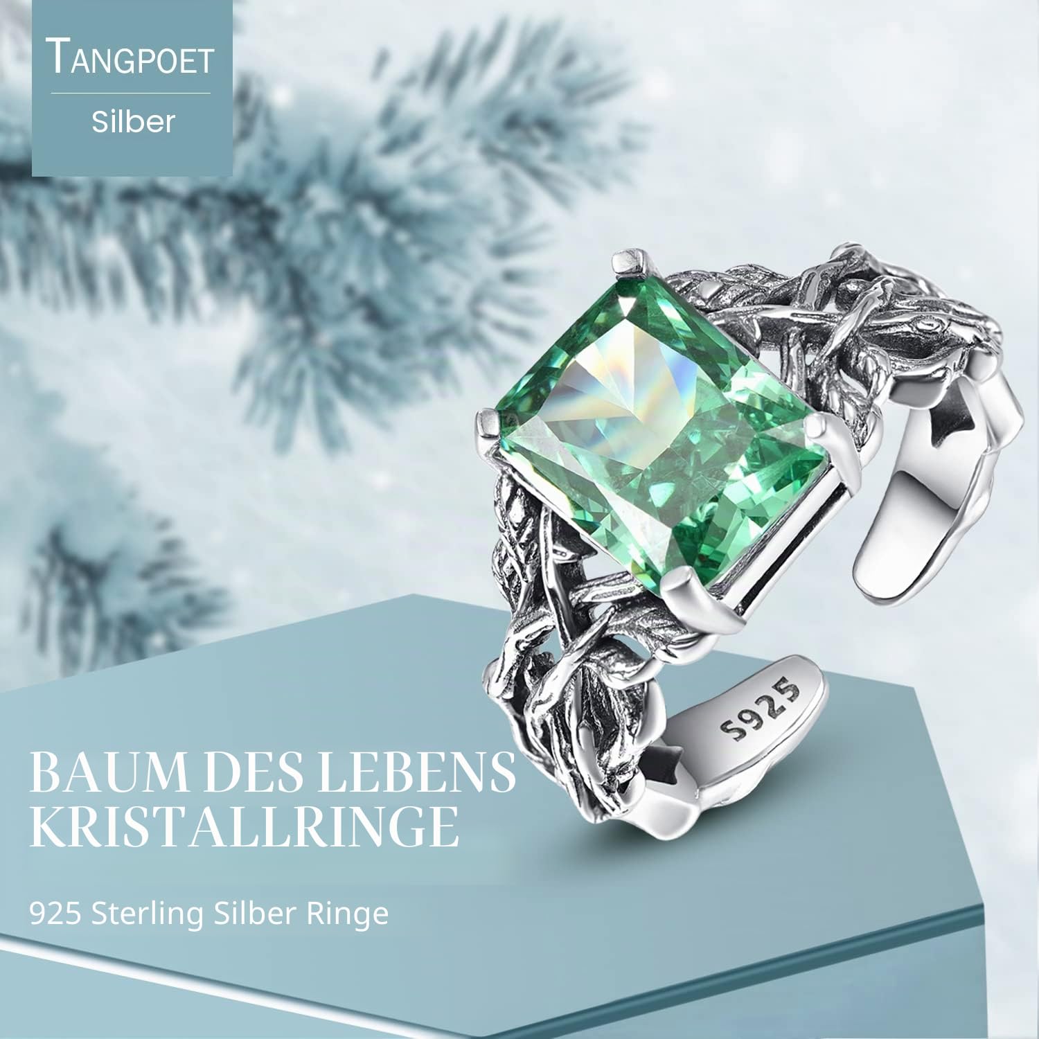 TANGPOET Damen Lebensbaum Ring Silber 925 Baum des Lebens Ring Verstellbar Kristall Schmuck Baum des Lebens Geschenke für Frauen Mädchen