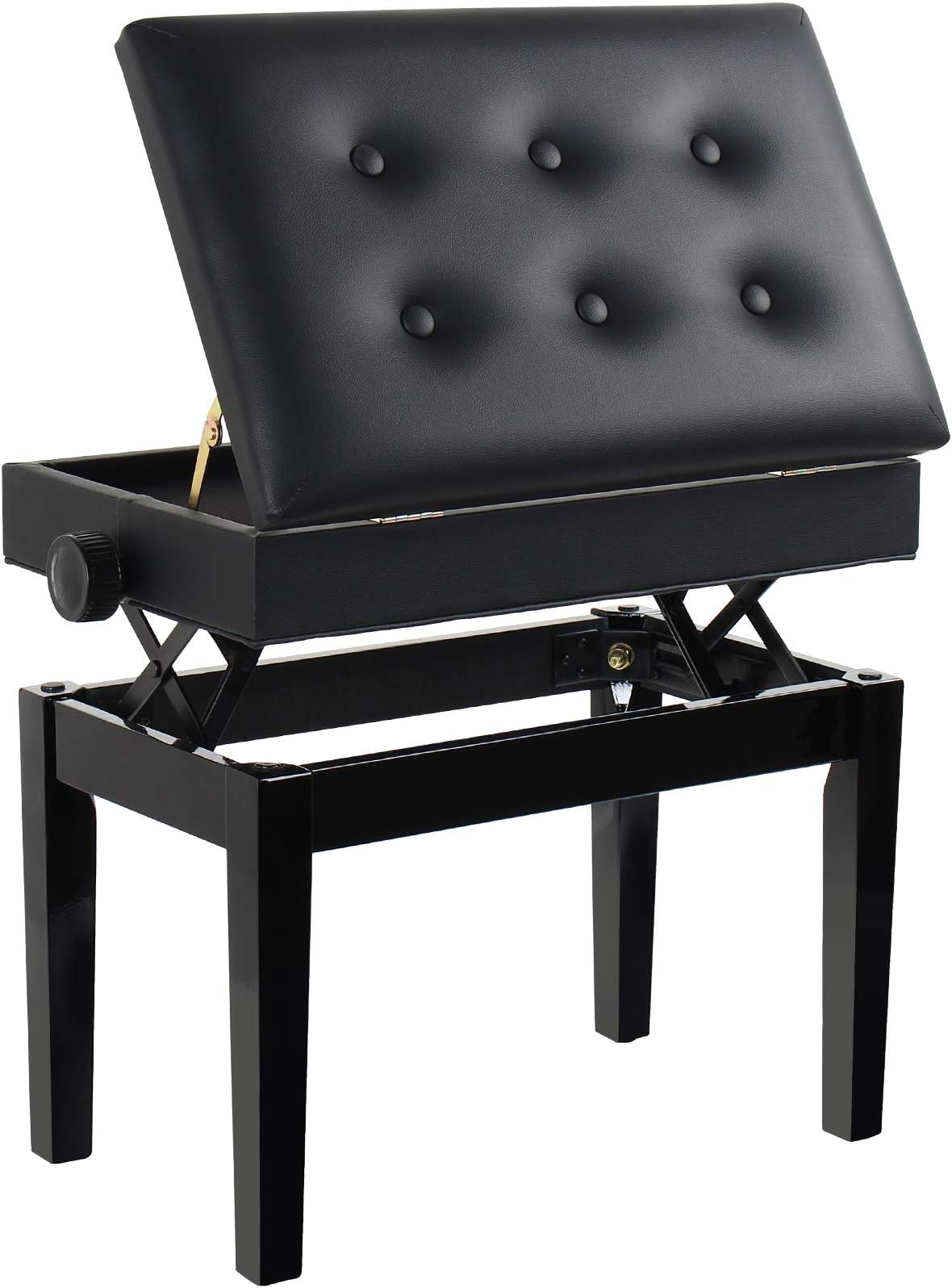 Piano Stool, Dressing Table Stool, Height Adjustable, Single Seat Keyboard Bench with Storage Compartment, Soft Faux Leather Padded Seat (Black Button)