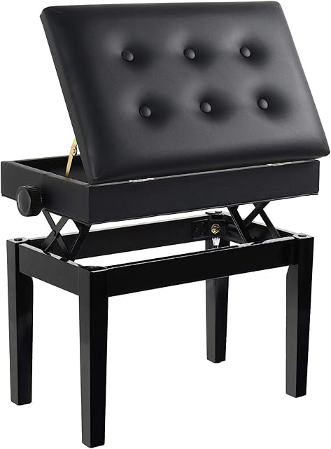 GRANDMA SHARK Piano Stool, Dressing Table Stool, Height Adjustable, Single Seat Keyboard Bench with Storage Compartment, Soft Faux Leather Padded Seat (Black Button)