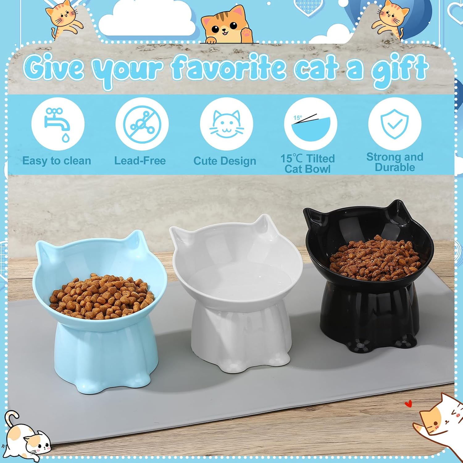 3 Pcs Elevated Cat Bowls 15°Raised Cat Food Bowl with Silicone Mat Whisker Friendly Anti Vomiting Cats Dishes Pet Food and Water Bowls for Indoor Cats Kittens, Blue, Black, White