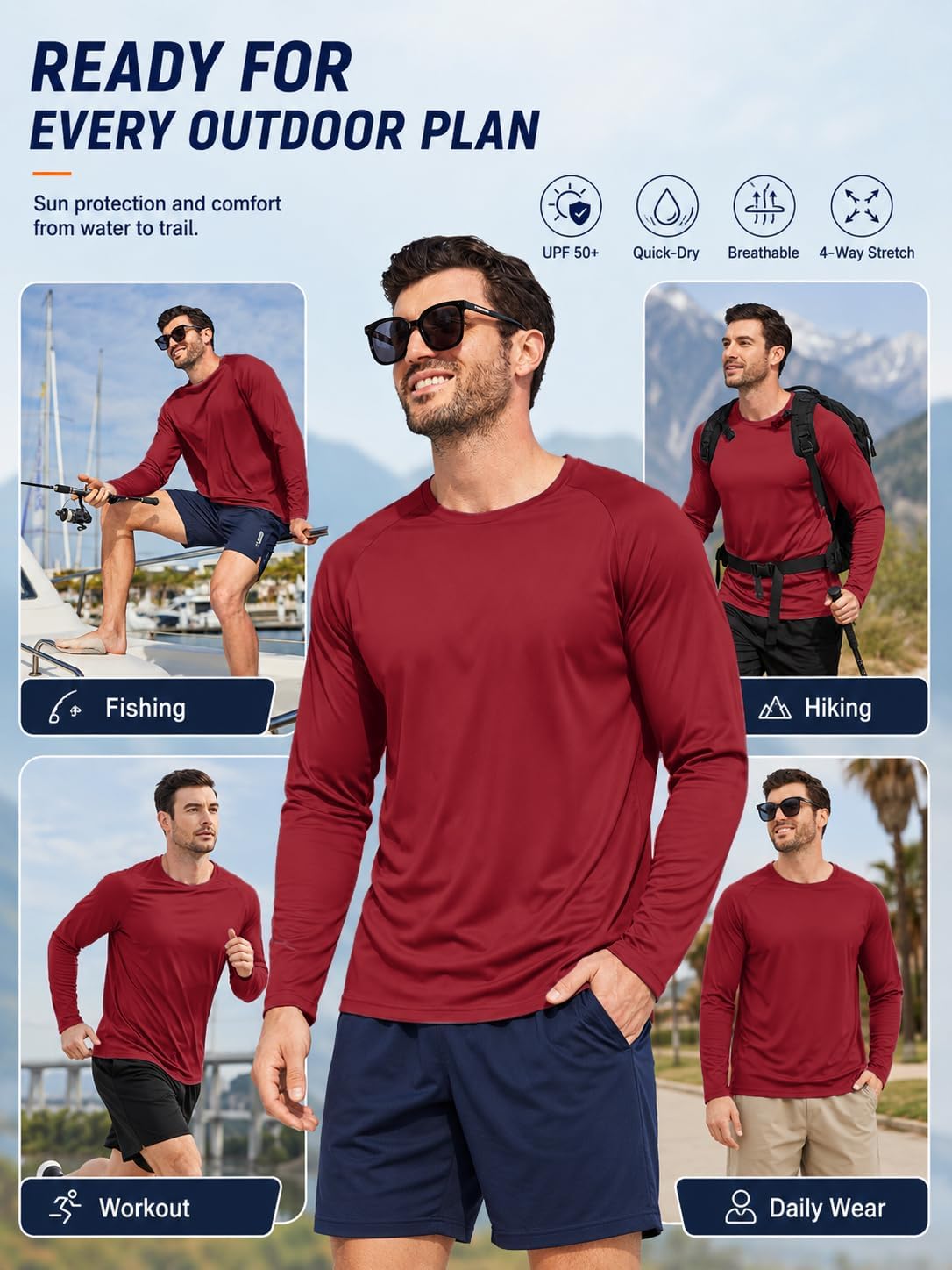 Mens Sun Shirt UPF 50+ UV Protection 5 Pack Long Sleeve Fishing Hiking Workout Shirts Fast Dry Athletic Shirts for Men