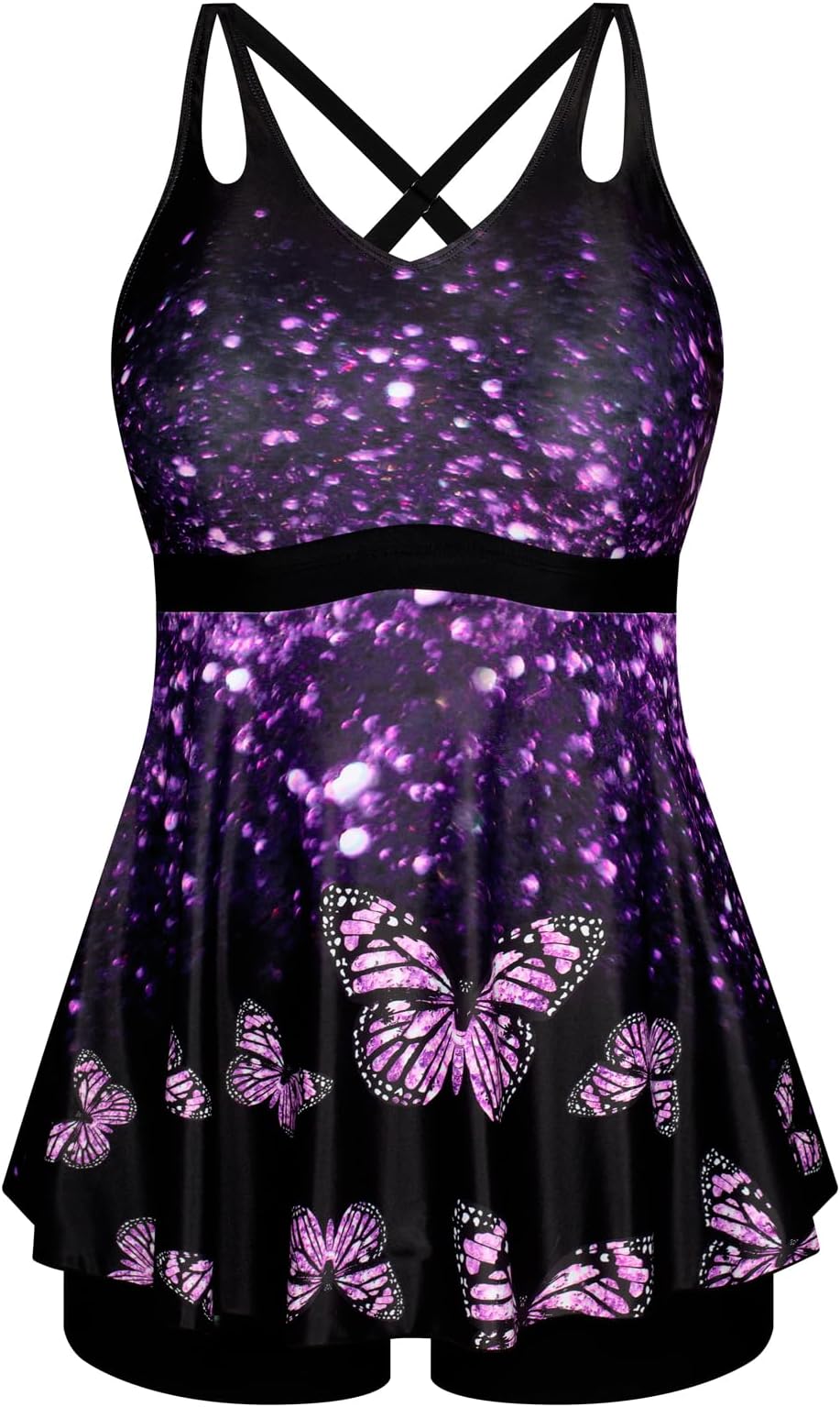 Women Plus Size Tankini Swimsuit Two Piece Bathing Suit Cross Back Cutout Flowy Swim Top with Boy Shorts