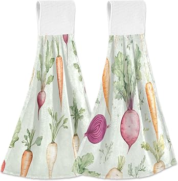 Cartoon Vegetable Kitchen Towels Hanging Hand Towel with Loop & Hook, 2 Pcs Soft Absorbent Hand Tie Towels for Bathroom Kitchen Tea Bar Decor